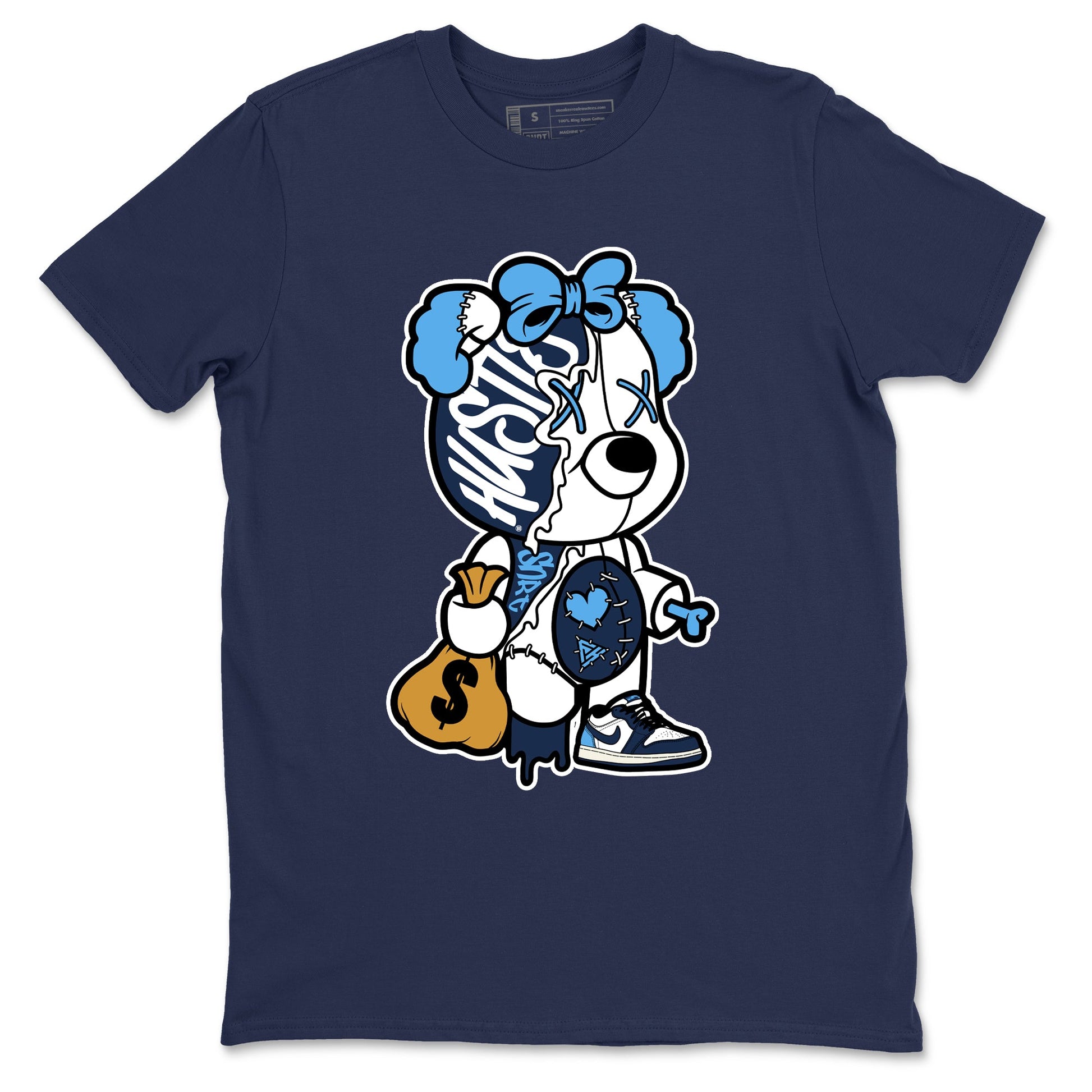 1s Obsidian shirts to match jordans Stitched Hustle Bear sneaker match tees Air Jordan 1 Low OG Obsidian match shoes to clothes SNRT Sneaker Tees unisex cotton Navy 2 shirts