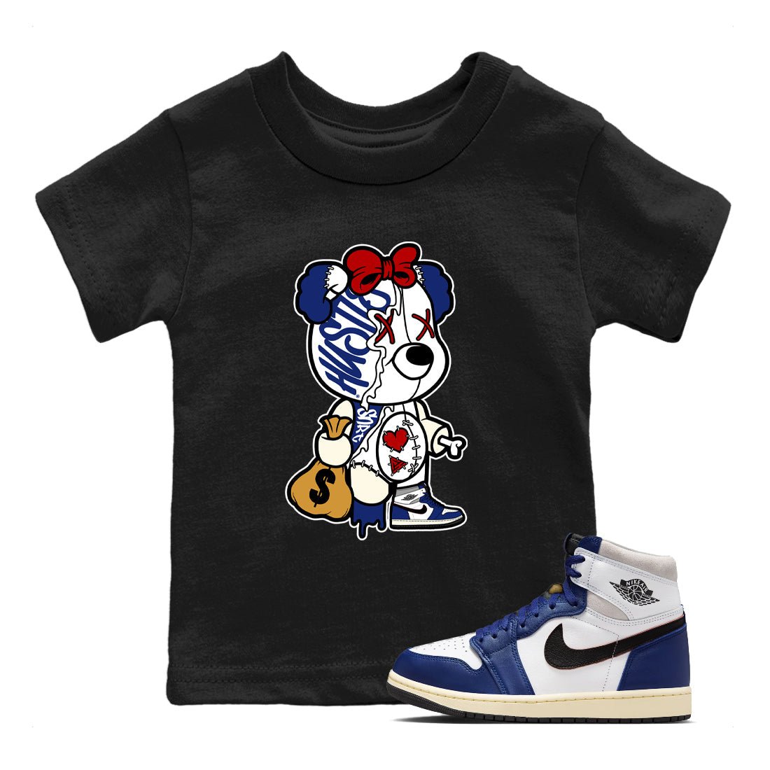 1s Rare Air shirts to match jordans Stitched Hustle Bear sneaker match tees Air Jordan 1 High OG Rare Air Deep Royal Blue match shoes to clothes SNRT Sneaker Tees Youth Baby Black 1 tee