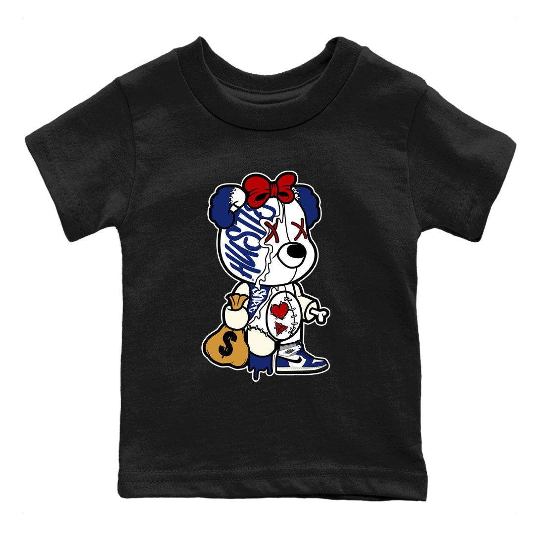 1s Rare Air shirts to match jordans Stitched Hustle Bear sneaker match tees Air Jordan 1 High OG Rare Air Deep Royal Blue match shoes to clothes SNRT Sneaker Tees Youth Baby Black 2 tee