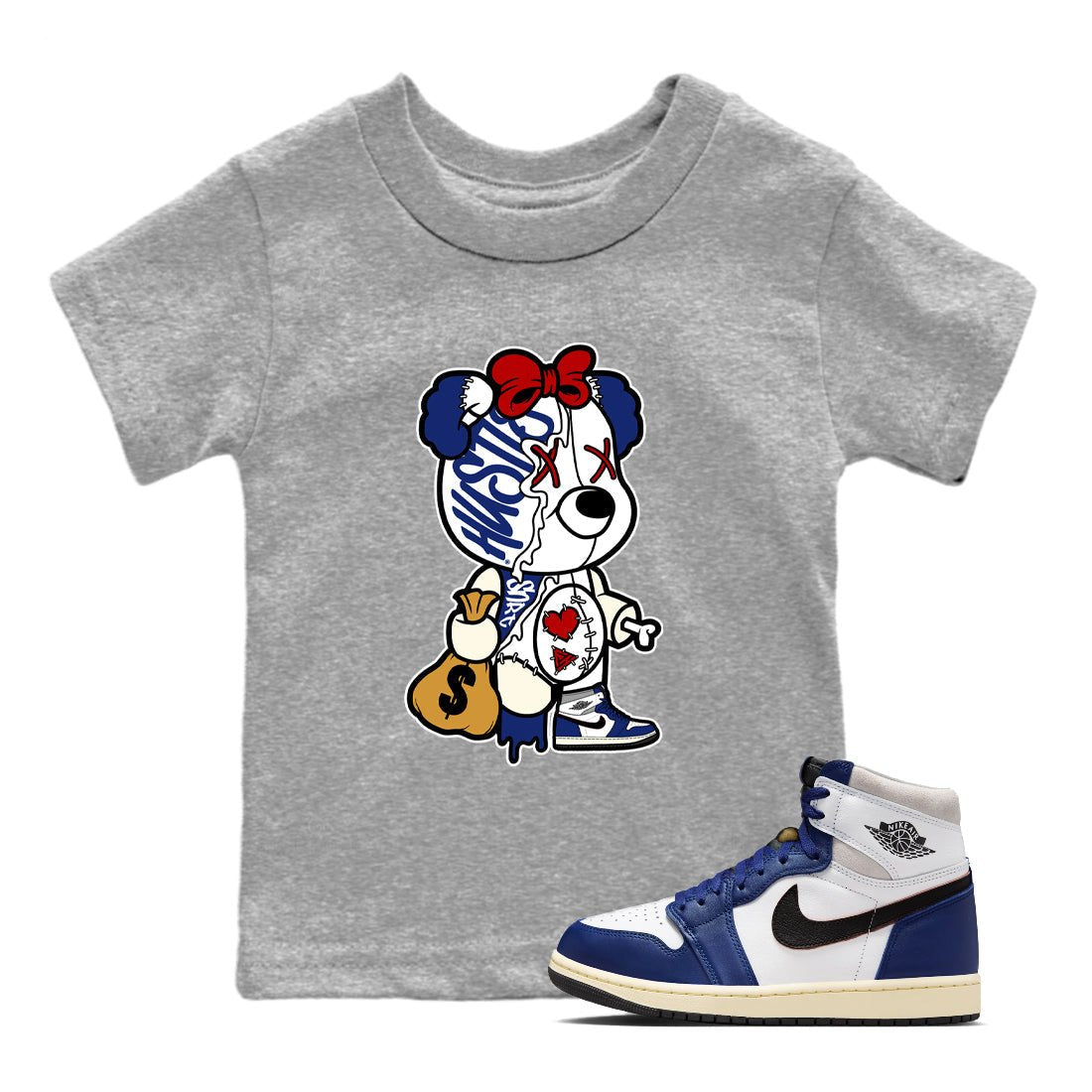 1s Rare Air shirts to match jordans Stitched Hustle Bear sneaker match tees Air Jordan 1 High OG Rare Air Deep Royal Blue match shoes to clothes SNRT Sneaker Tees Youth Baby Heather Grey 1 tee