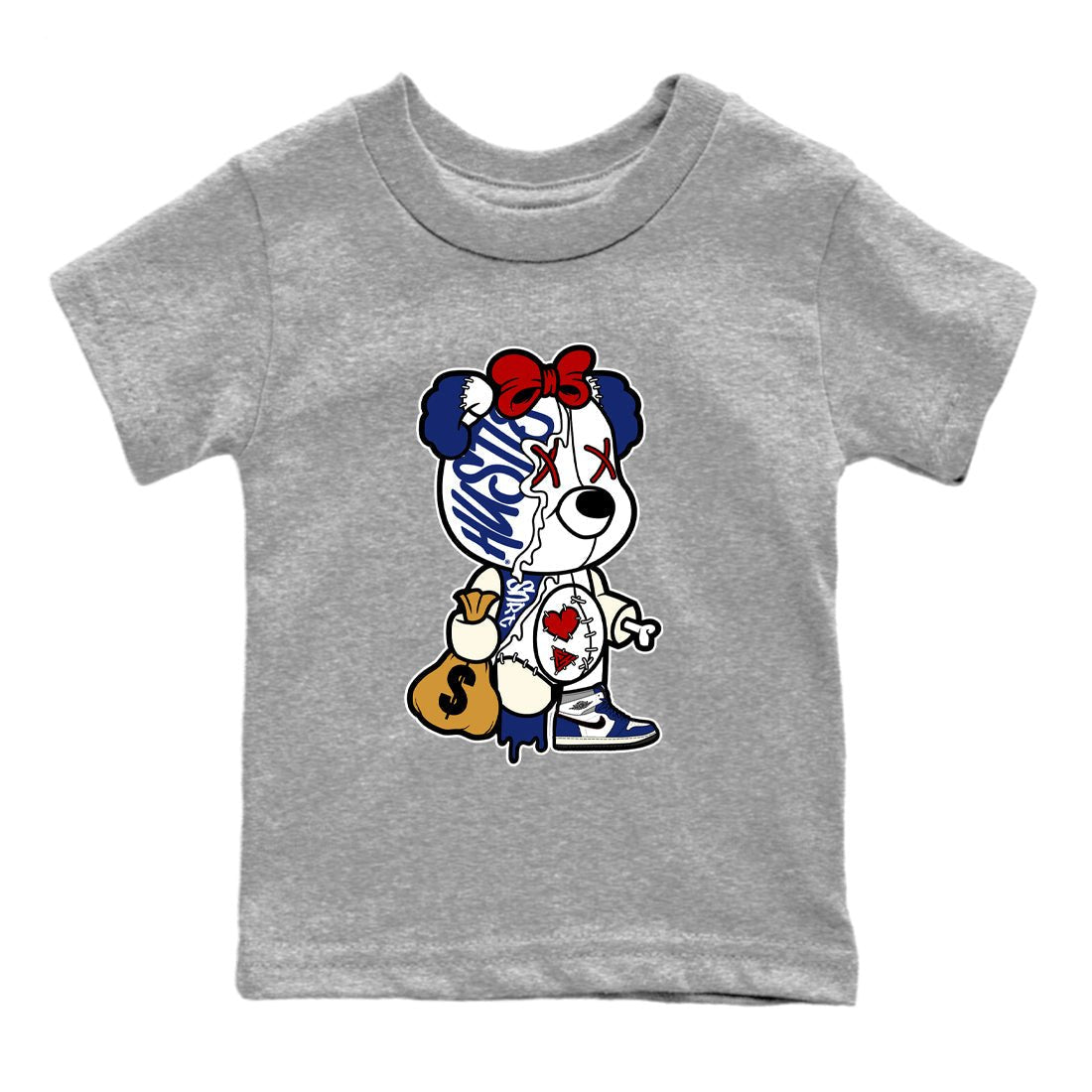 1s Rare Air shirts to match jordans Stitched Hustle Bear sneaker match tees Air Jordan 1 High OG Rare Air Deep Royal Blue match shoes to clothes SNRT Sneaker Tees Youth Baby Heather Grey 2 tee
