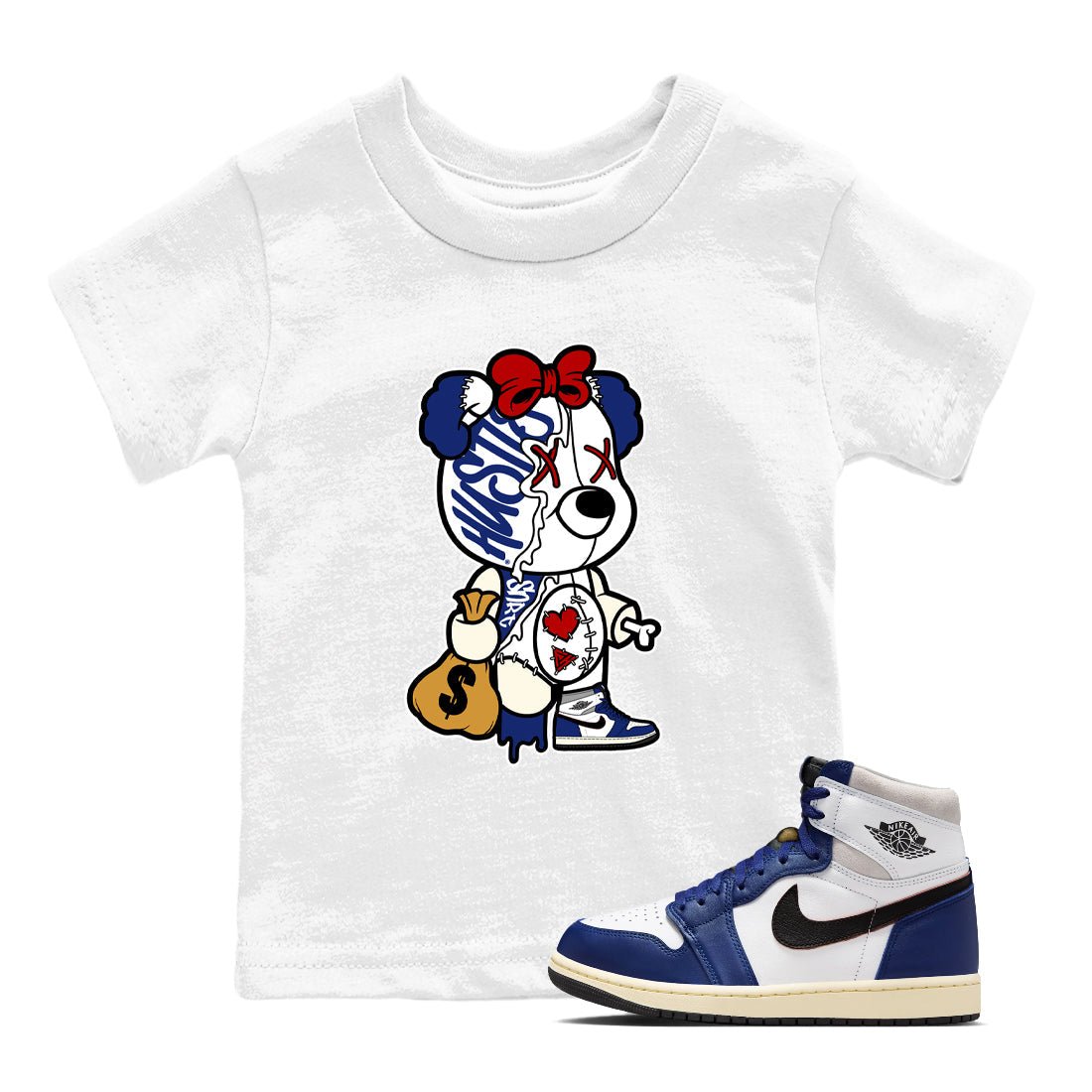 1s Rare Air shirts to match jordans Stitched Hustle Bear sneaker match tees Air Jordan 1 High OG Rare Air Deep Royal Blue match shoes to clothes SNRT Sneaker Tees Youth Baby White 1 tee
