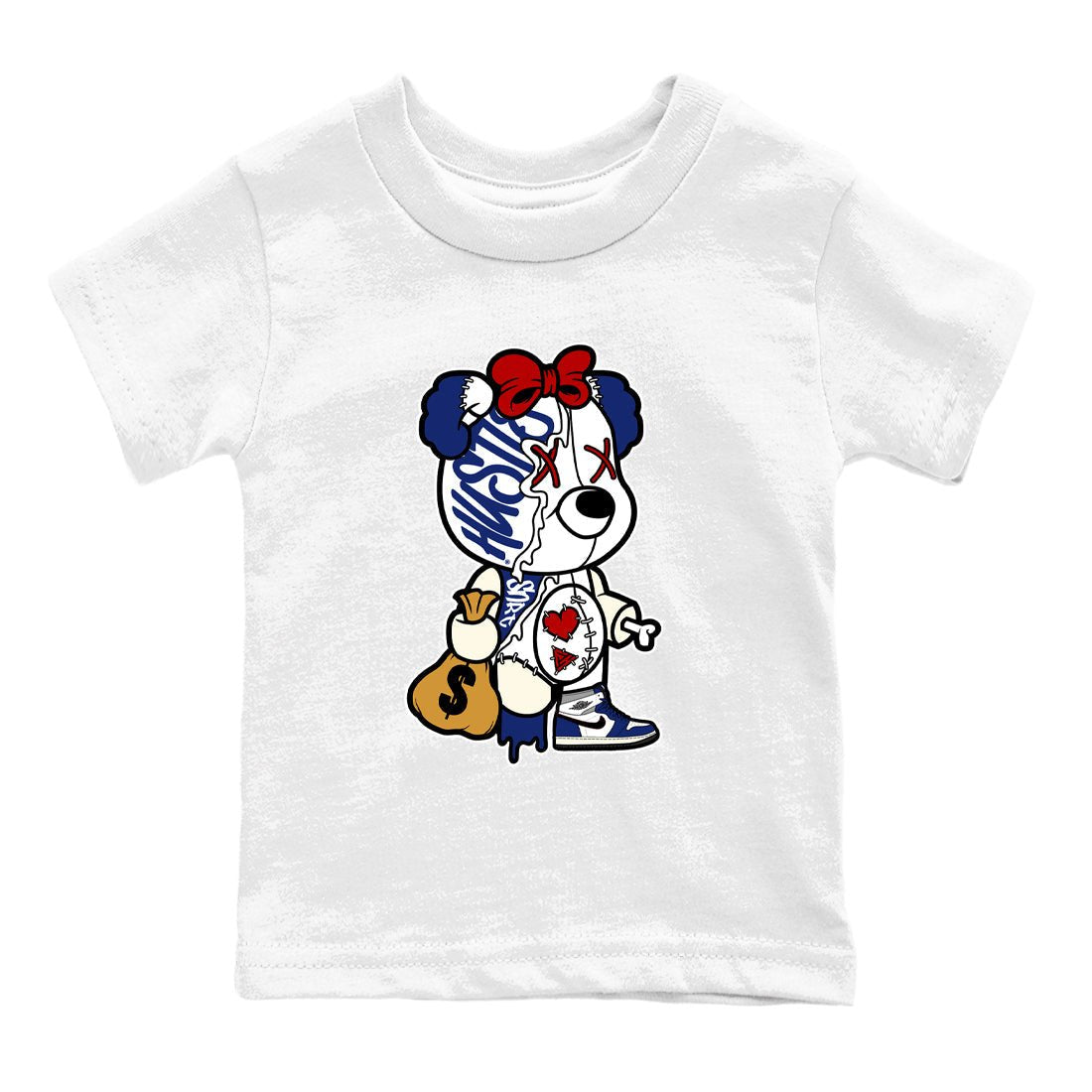 1s Rare Air shirts to match jordans Stitched Hustle Bear sneaker match tees Air Jordan 1 High OG Rare Air Deep Royal Blue match shoes to clothes SNRT Sneaker Tees Youth Baby White 2 tee