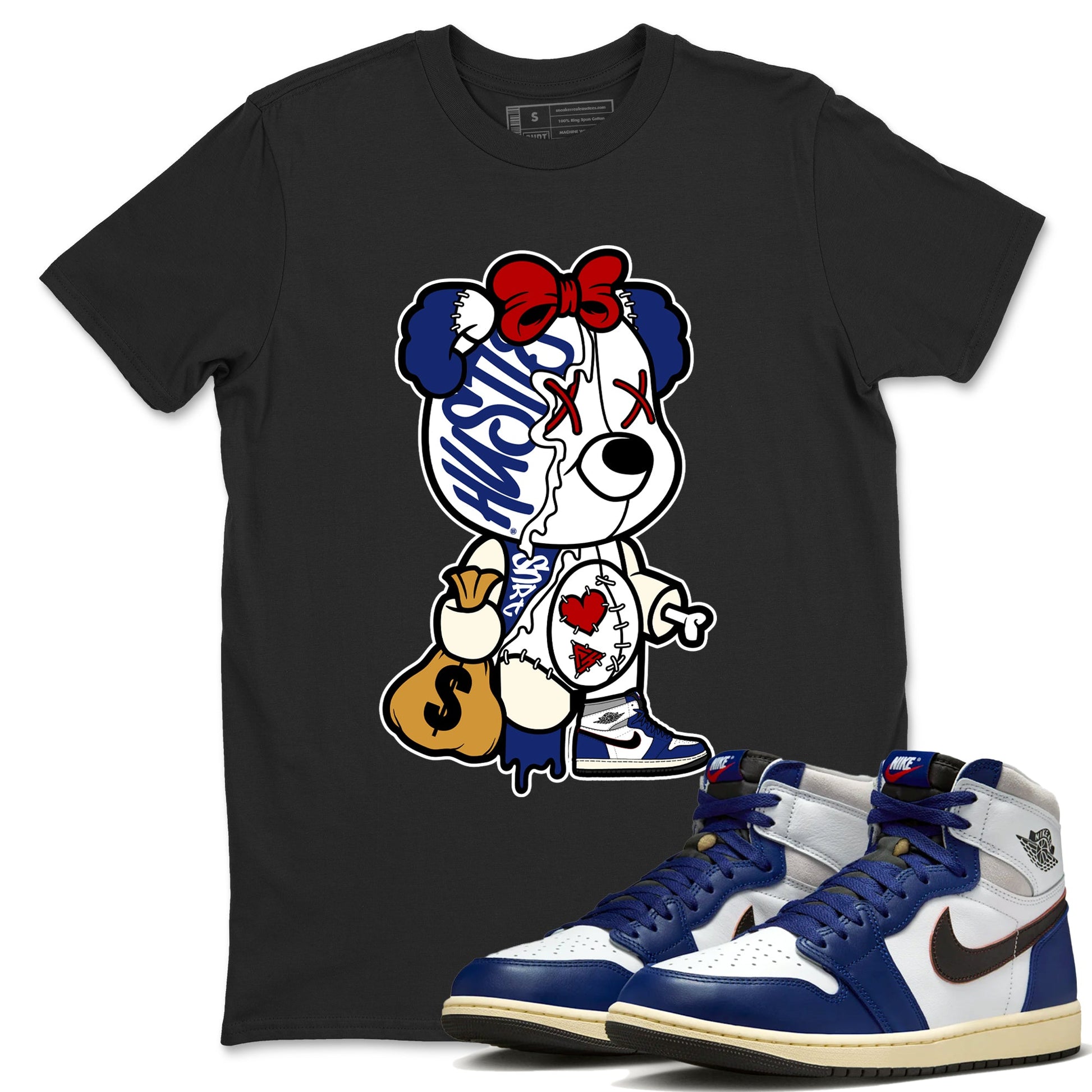 1s Rare Air shirts to match jordans Stitched Hustle Bear sneaker match tees Air Jordan 1 High OG Rare Air Deep Royal Blue match shoes to clothes SNRT Sneaker Tees unisex cotton Black 1 shirts