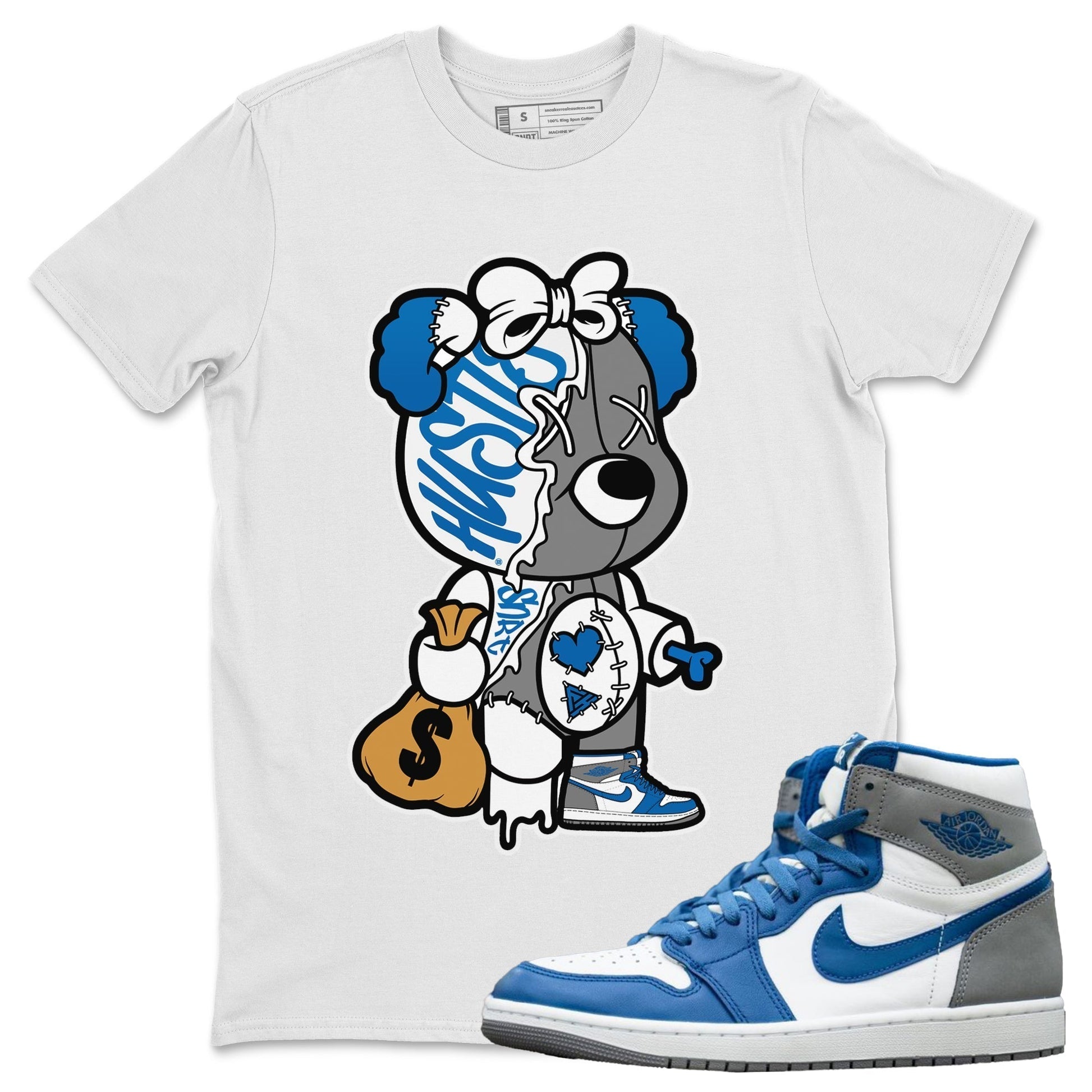 Stitched Hustle Bear Unisex Audult Tops - Air Jordan 1 True Blue - SNRT Sneaker Tee