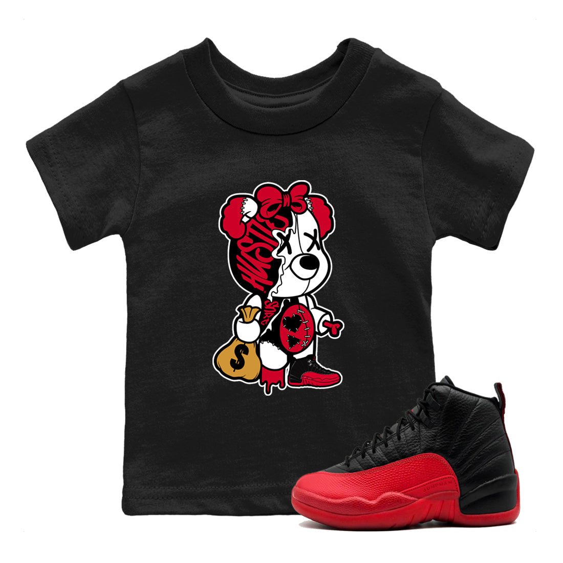 12s Flu Game shirts to match jordans Stitched Hustle Bear sneaker match tees Air Jordan 12 Retro Flu Game match shoes to clothes SNRT Sneaker Tees Youth Baby Black 1 tee