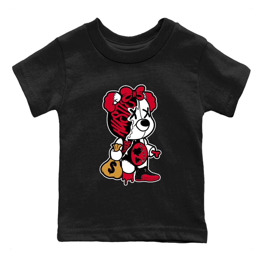 12s Flu Game shirts to match jordans Stitched Hustle Bear sneaker match tees Air Jordan 12 Retro Flu Game match shoes to clothes SNRT Sneaker Tees Youth Baby Black 2 tee
