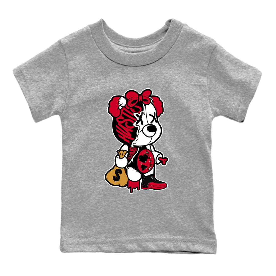 12s Flu Game shirts to match jordans Stitched Hustle Bear sneaker match tees Air Jordan 12 Retro Flu Game match shoes to clothes SNRT Sneaker Tees Youth Baby Heather Grey 2 tee