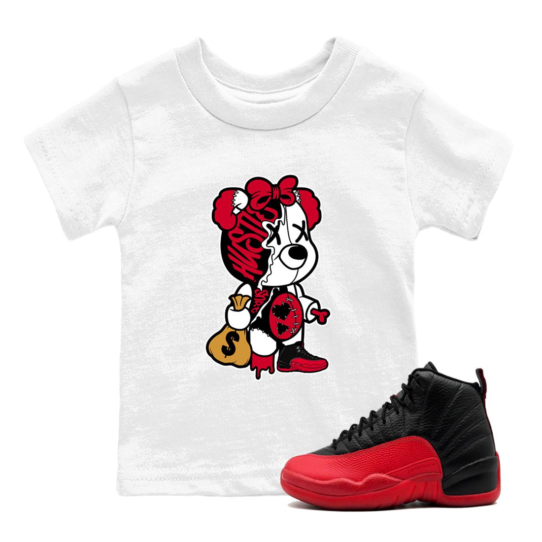 12s Flu Game shirts to match jordans Stitched Hustle Bear sneaker match tees Air Jordan 12 Retro Flu Game match shoes to clothes SNRT Sneaker Tees Youth Baby White 1 tee