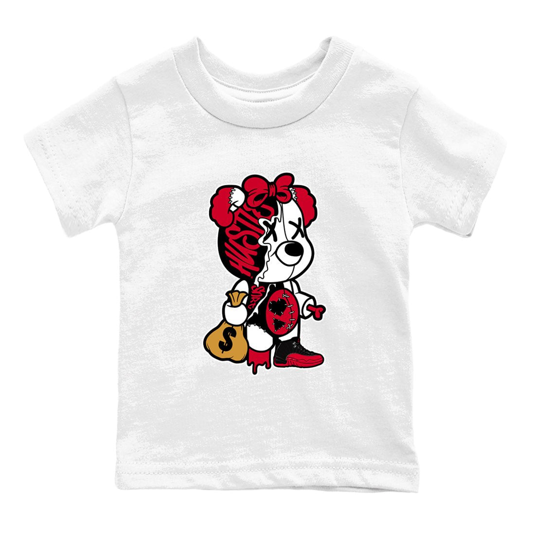 12s Flu Game shirts to match jordans Stitched Hustle Bear sneaker match tees Air Jordan 12 Retro Flu Game match shoes to clothes SNRT Sneaker Tees Youth Baby White 2 tee