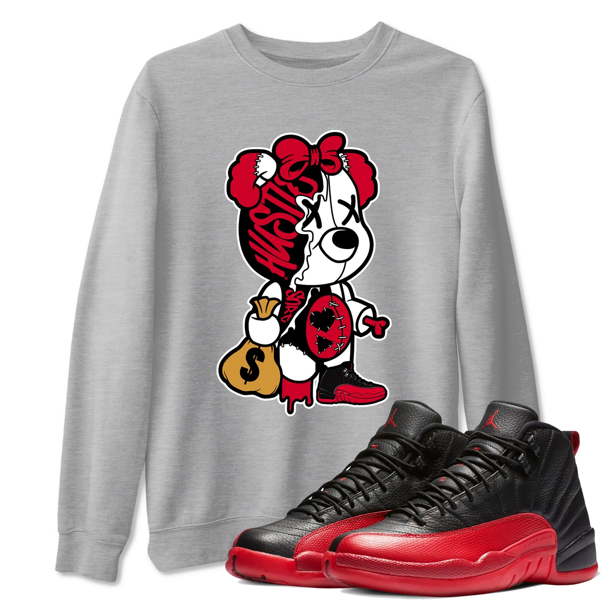 12s Flu Game shirts to match jordans Stitched Hustle Bear sneaker match tees Air Jordan 12 Retro Flu Game match shoes to clothes SNRT Sneaker Tees unisex cotton Heather Grey 1 shirts