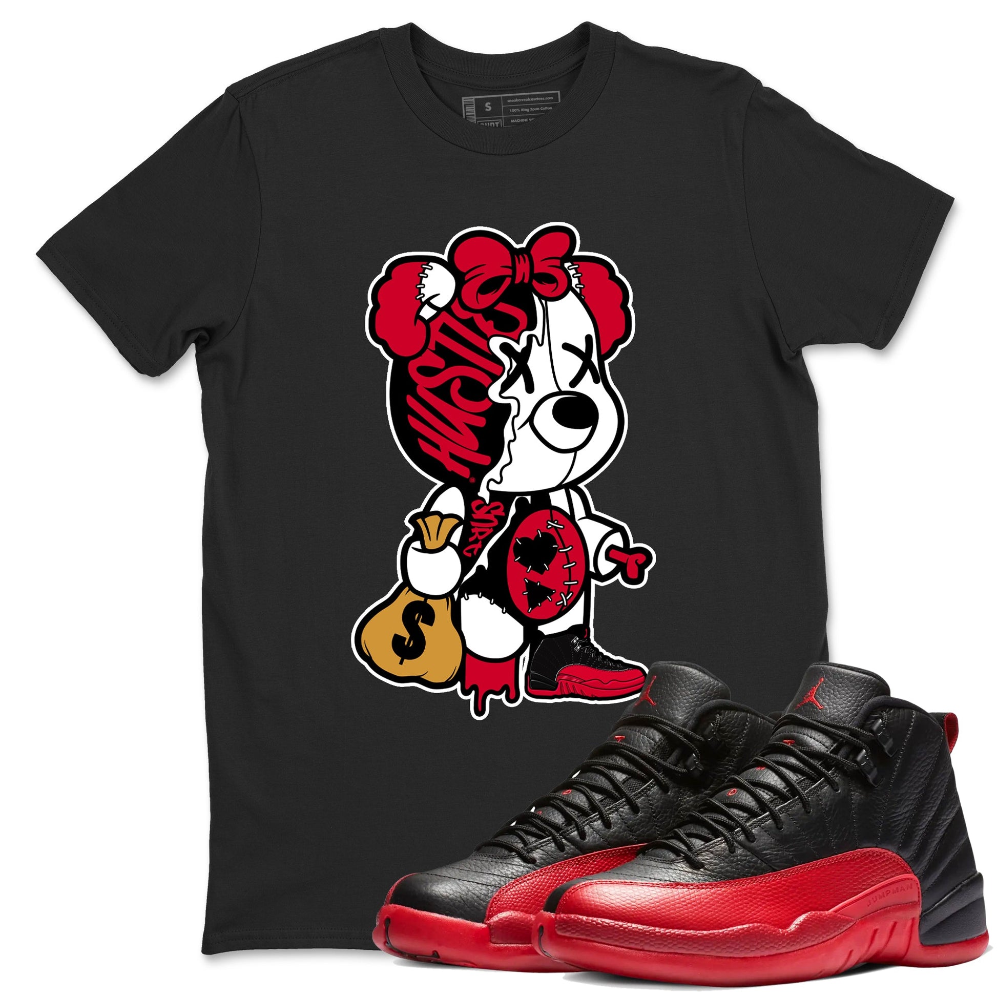 12s Flu Game shirts to match jordans Stitched Hustle Bear sneaker match tees Air Jordan 12 Retro Flu Game match shoes to clothes SNRT Sneaker Tees unisex cotton Black 1 shirts