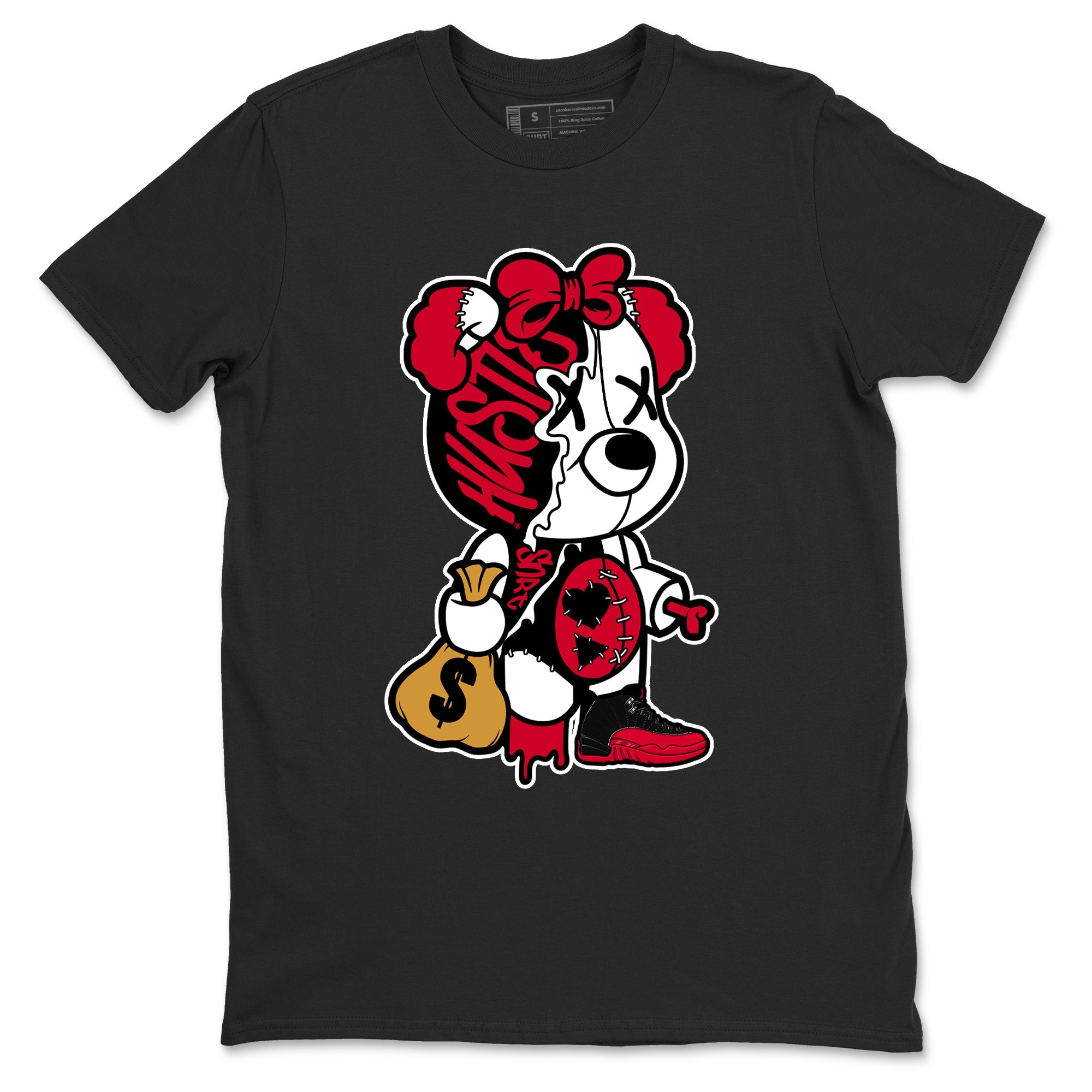 12s Flu Game shirts to match jordans Stitched Hustle Bear sneaker match tees Air Jordan 12 Retro Flu Game match shoes to clothes SNRT Sneaker Tees unisex cotton Black 2 shirts