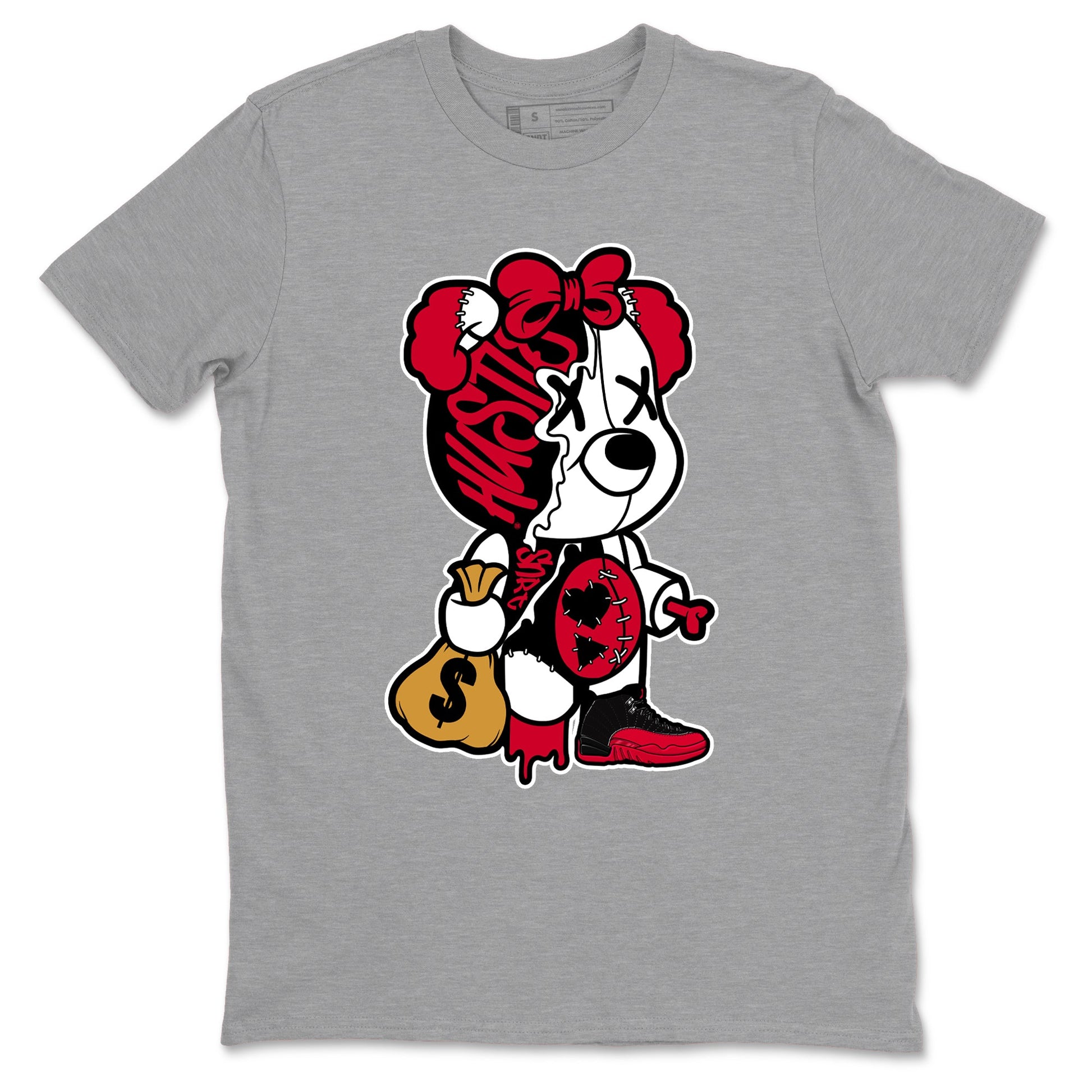 12s Flu Game shirts to match jordans Stitched Hustle Bear sneaker match tees Air Jordan 12 Retro Flu Game match shoes to clothes SNRT Sneaker Tees unisex cotton Heather Grey 2 shirts