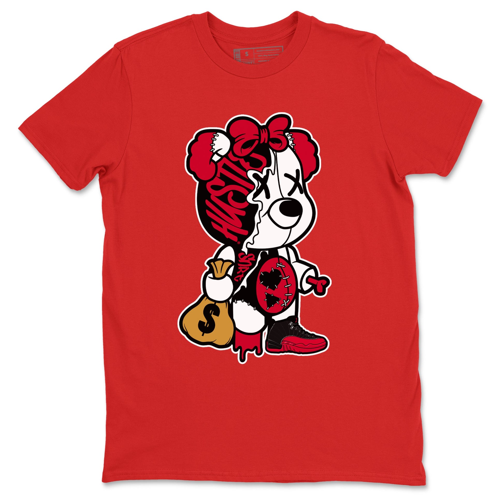 12s Flu Game shirts to match jordans Stitched Hustle Bear sneaker match tees Air Jordan 12 Retro Flu Game match shoes to clothes SNRT Sneaker Tees unisex cotton Red 2 shirts