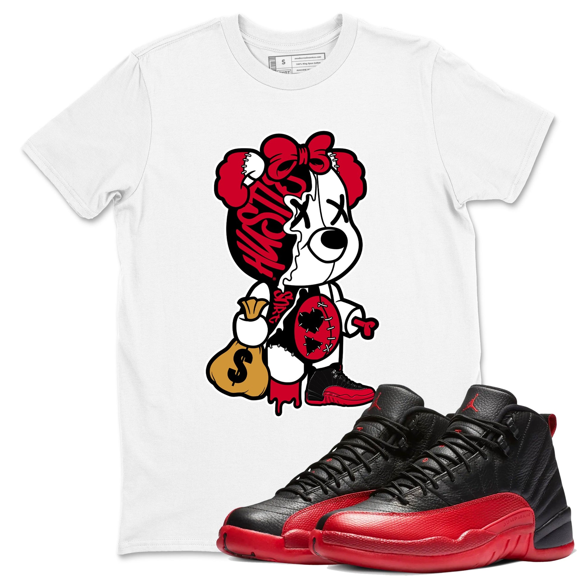 12s Flu Game shirts to match jordans Stitched Hustle Bear sneaker match tees Air Jordan 12 Retro Flu Game match shoes to clothes SNRT Sneaker Tees unisex cotton White 1 shirts
