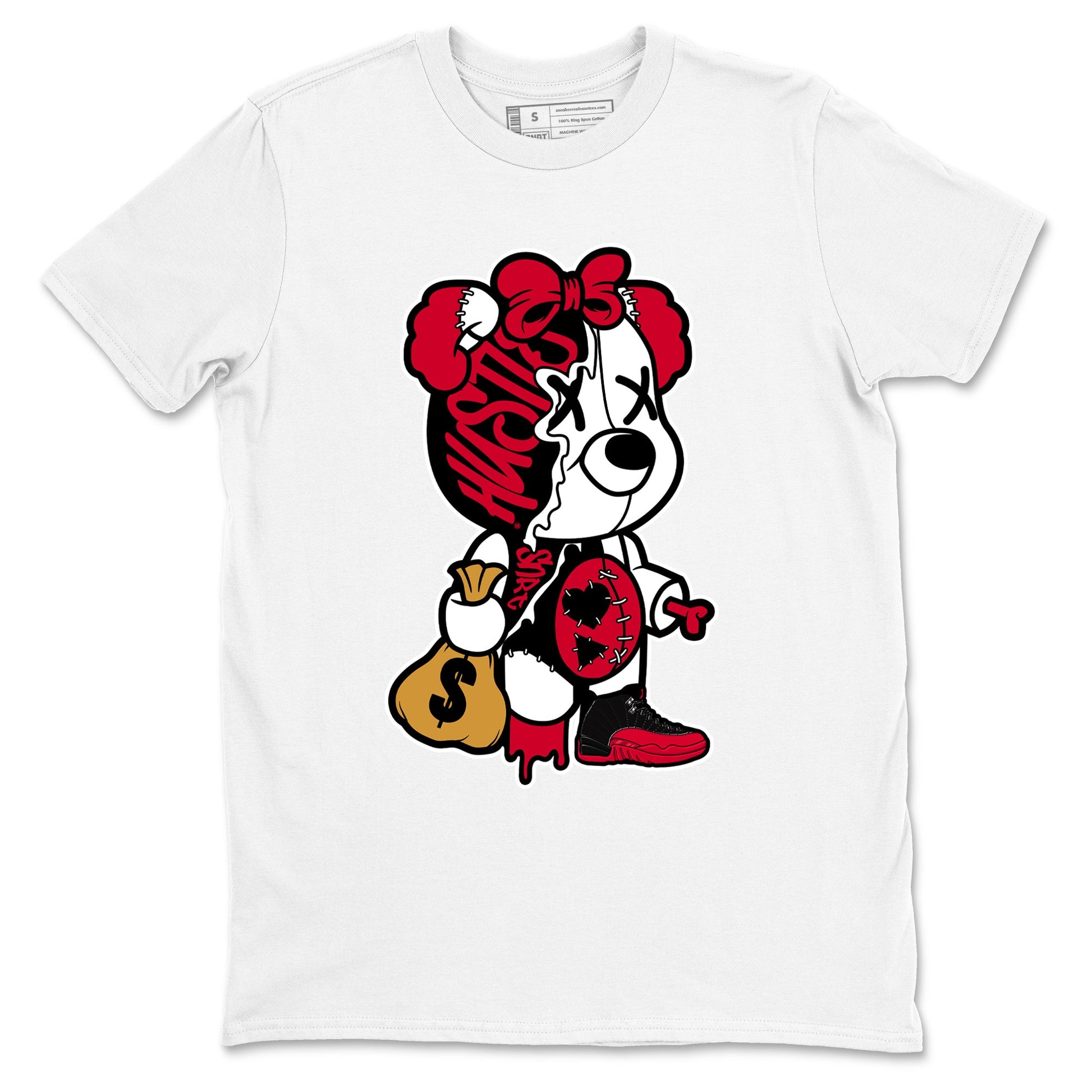 12s Flu Game shirts to match jordans Stitched Hustle Bear sneaker match tees Air Jordan 12 Retro Flu Game match shoes to clothes SNRT Sneaker Tees unisex cotton White 2 shirts