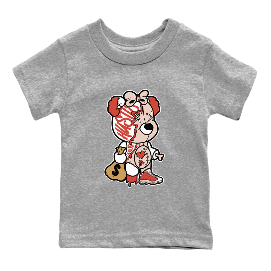 13s Dune Red shirts to match jordans Stitched Hustle Bear unique Halloween sneaker tee Air Jordan 13 Dune Red SNRT Sneaker Tees streetwear brand Baby and Youth Heather Grey 2 cotton tee