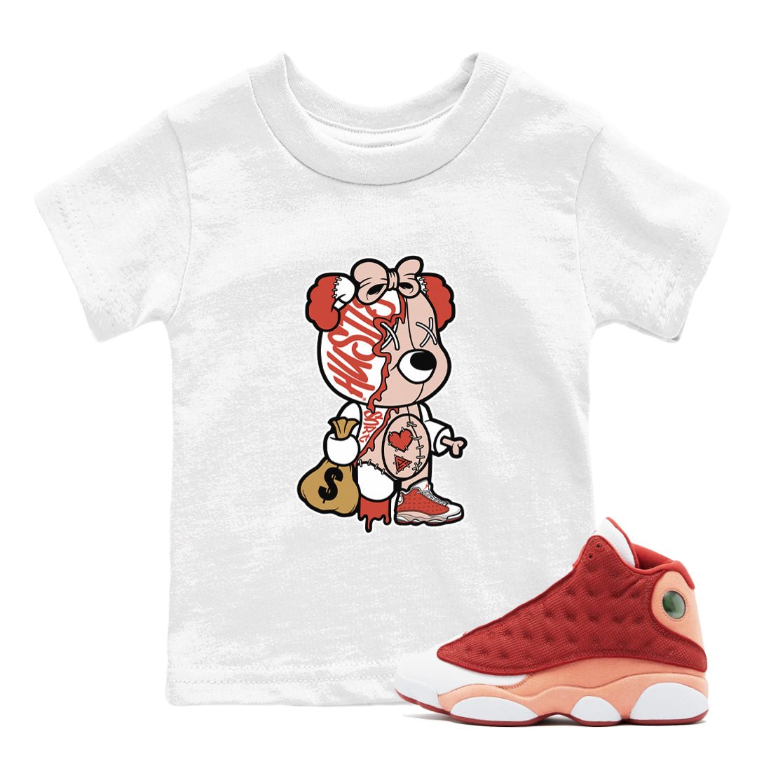 13s Dune Red shirts to match jordans Stitched Hustle Bear unique Halloween sneaker tee Air Jordan 13 Dune Red SNRT Sneaker Tees streetwear brand Baby and Youth White 1 cotton tee