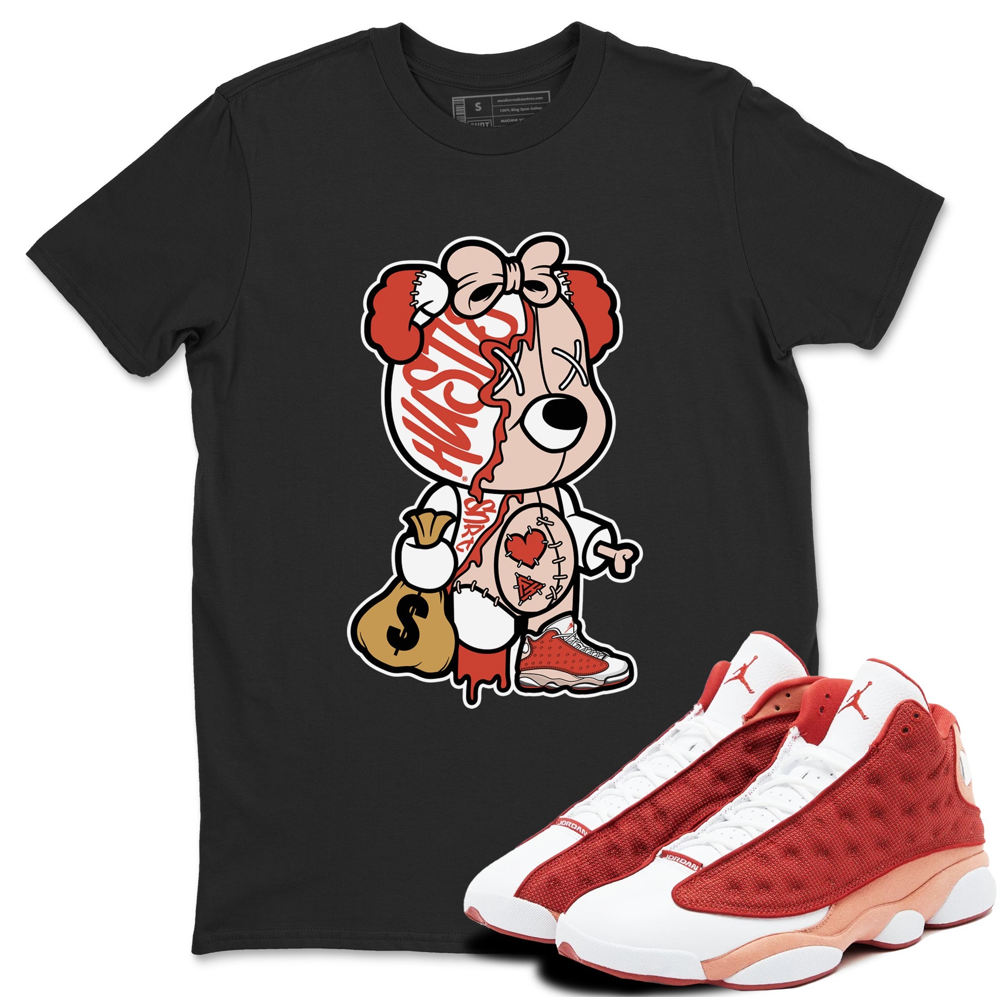 13s Dune Red shirts to match jordans Stitched Hustle Bear unique Halloween sneaker tee Air Jordan 13 Dune Red SNRT Sneaker Tees streetwear brand Black 1 unisex cotton tee
