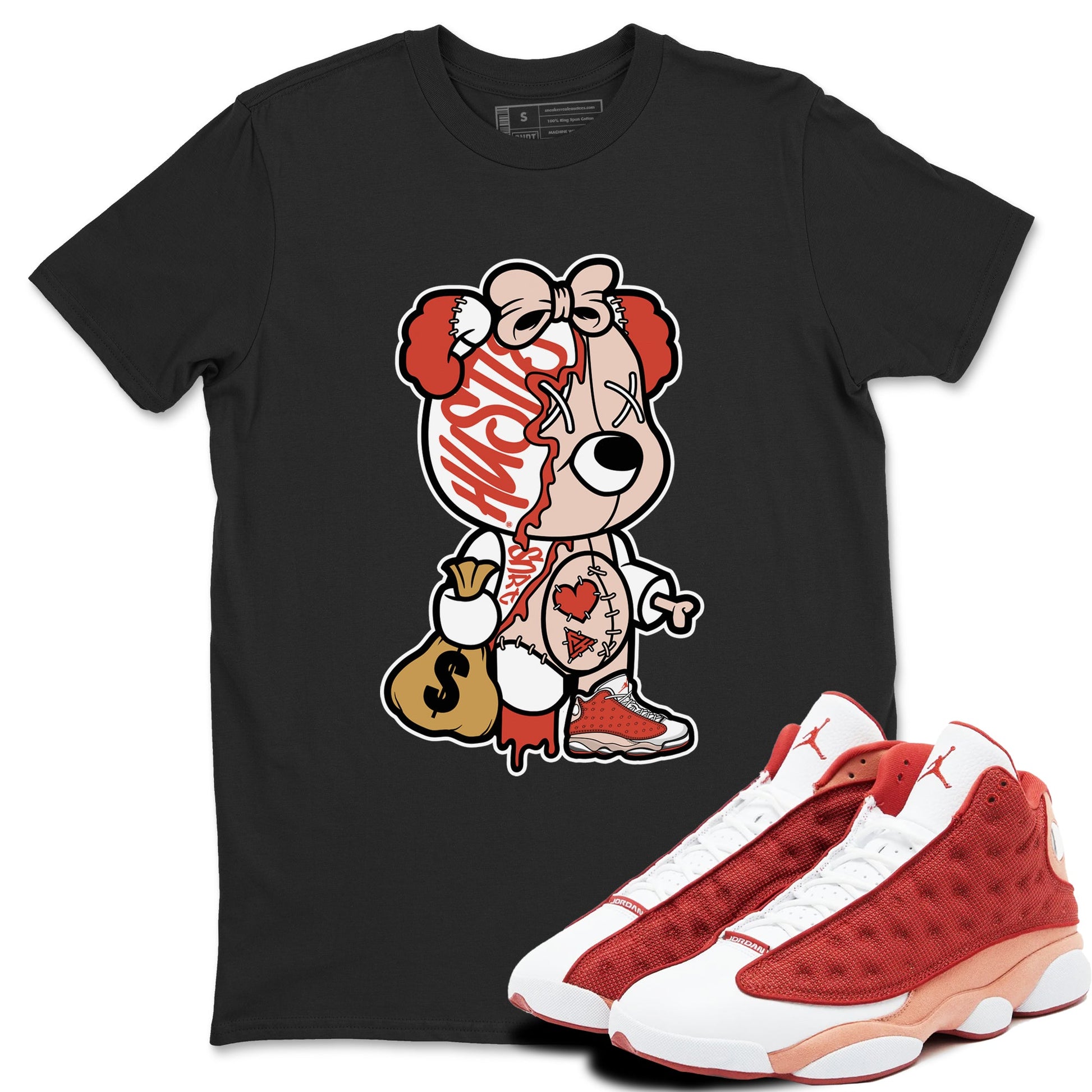 13s Dune Red shirts to match jordans Stitched Hustle Bear unique Halloween sneaker tee Air Jordan 13 Dune Red SNRT Sneaker Tees streetwear brand Black 1 unisex cotton tee