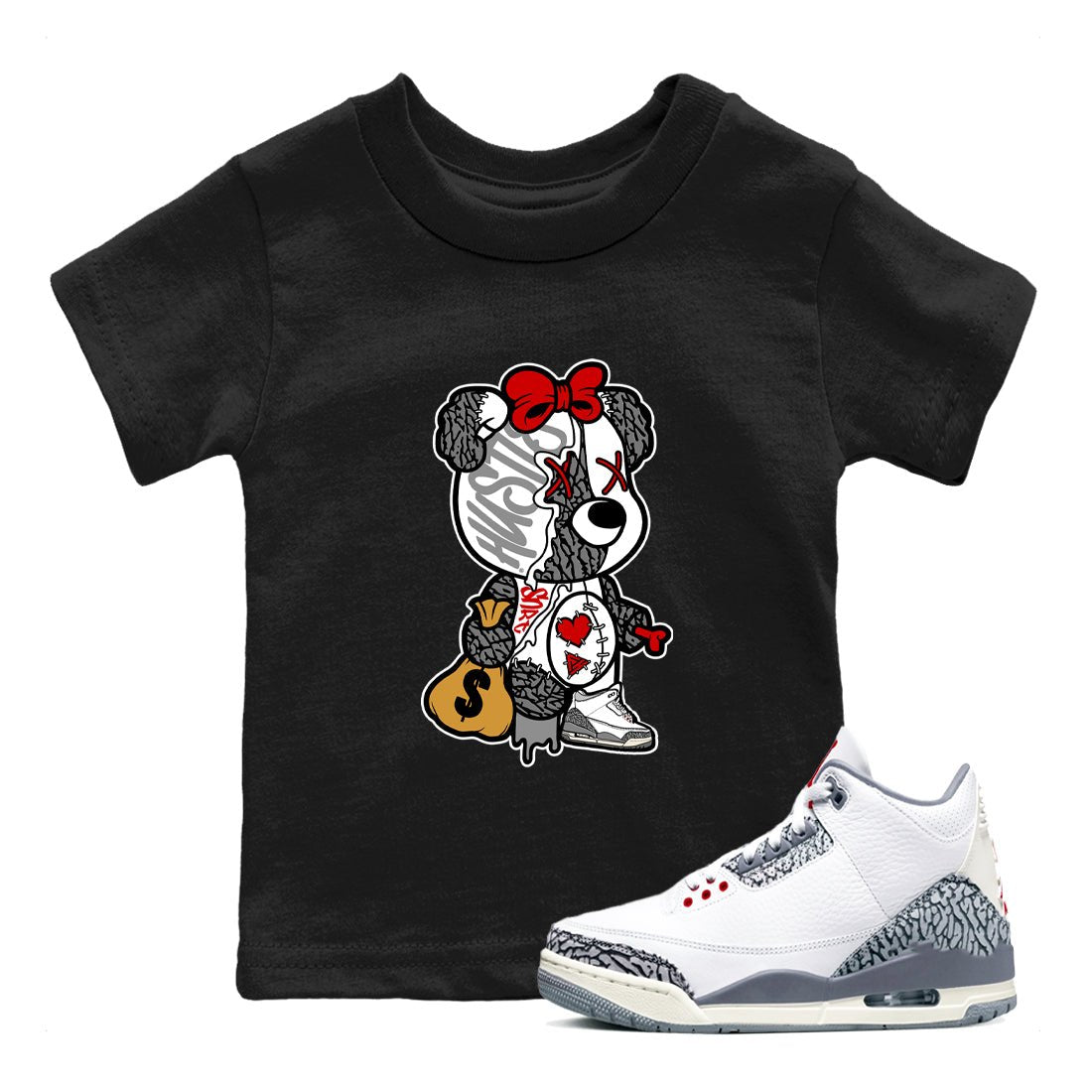 3s Cement Grey shirts to match jordans Stitched Hustle Bear unique Halloween sneaker tee Air Jordan 3 Cement Grey SNRT Sneaker Release Tees Youth Baby Black 1 crew neck shirts