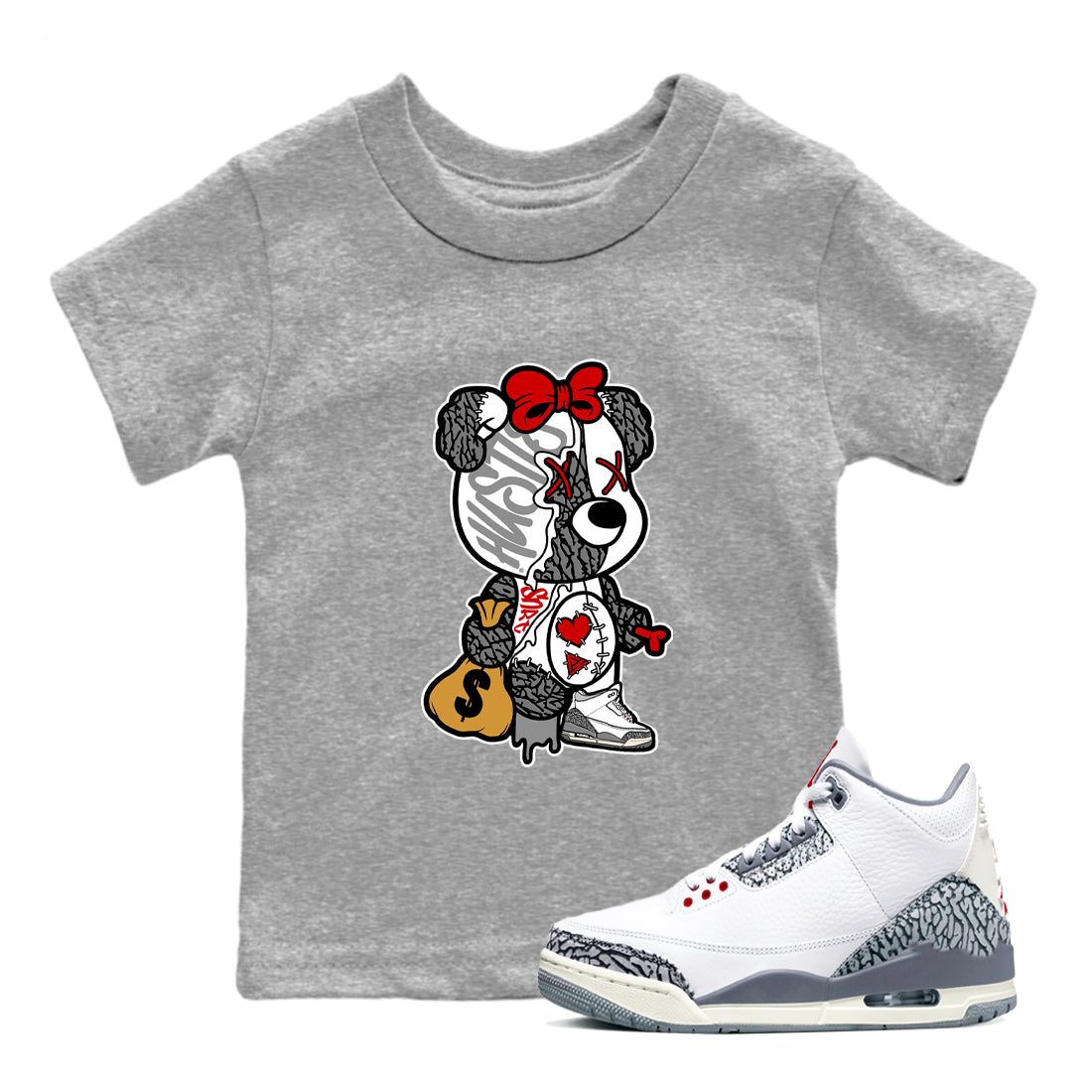 3s Cement Grey shirts to match jordans Stitched Hustle Bear unique Halloween sneaker tee Air Jordan 3 Cement Grey SNRT Sneaker Release Tees Youth Baby Heather Grey 1 crew neck shirts