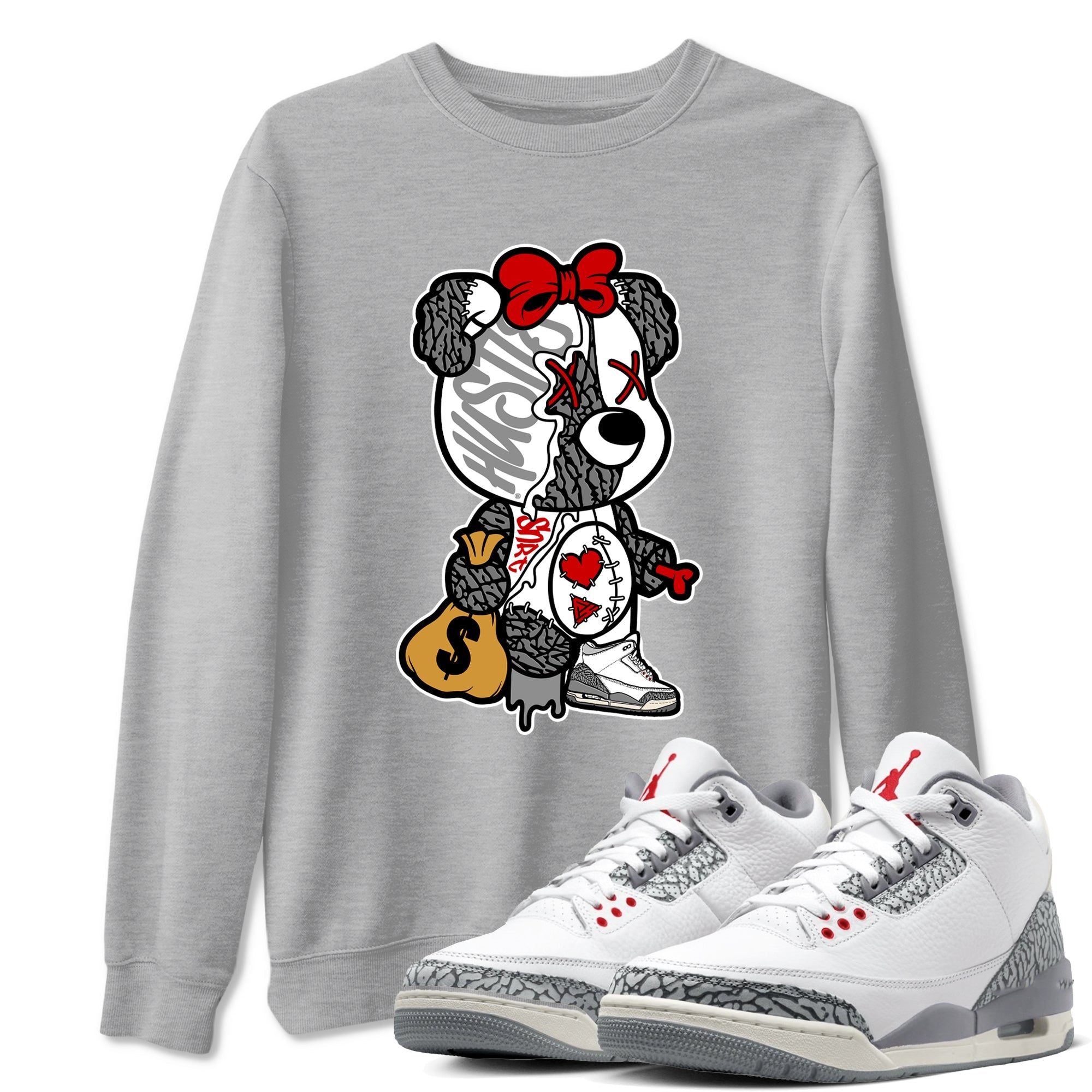 3s Cement Grey shirts to match jordans Stitched Hustle Bear unique Halloween sneaker tee Air Jordan 3 Cement Grey SNRT Sneaker Release Tees unisex cotton Heather Grey 1 crew neck shirts