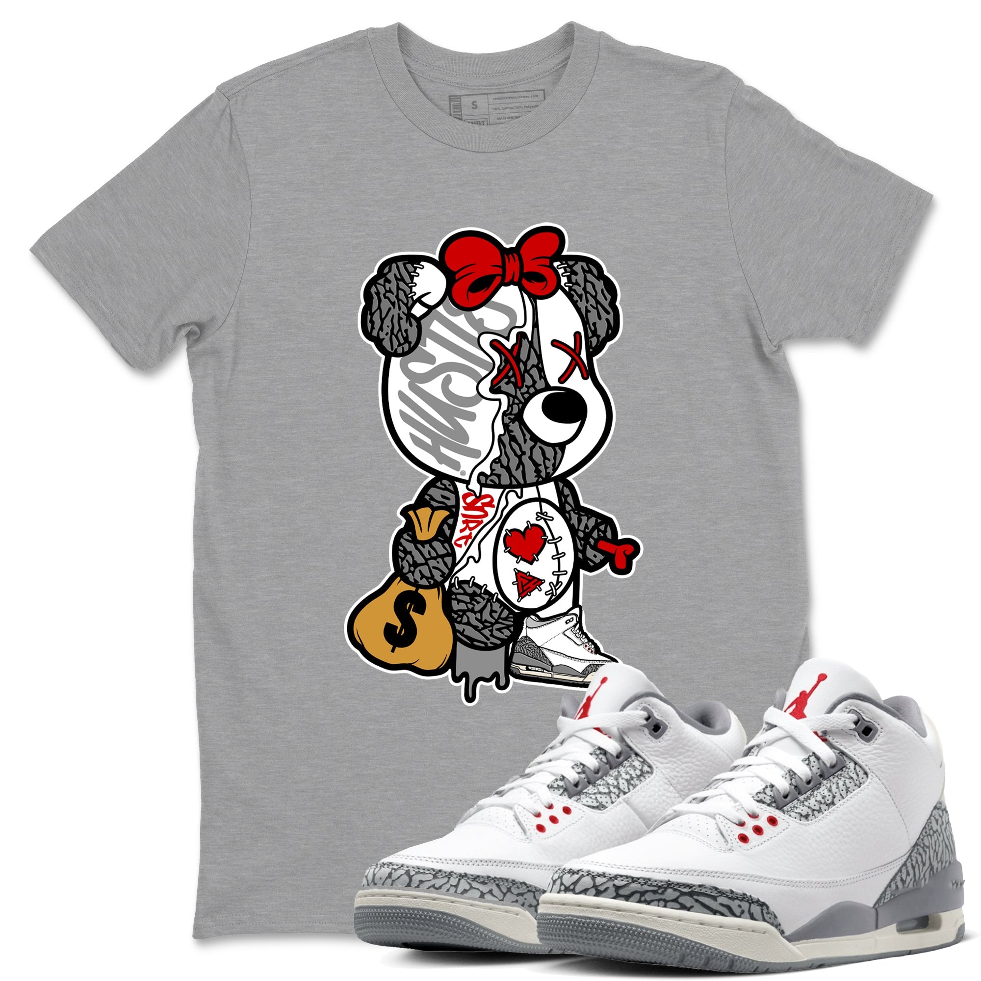 3s Cement Grey shirts to match jordans Stitched Hustle Bear unique Halloween sneaker tee Air Jordan 3 Cement Grey SNRT Sneaker Release Tees unisex cotton Heather Grey 1 crew neck shirts