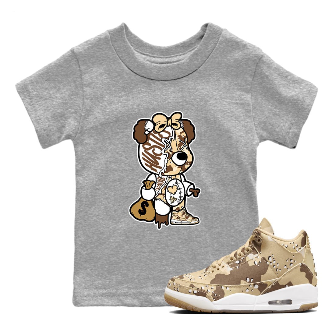 WNBA x Air Jordan 3 _esert Camo shirts to match jordans Stitched Hustle Bear unique Halloween sneaker tee Air Jordan 3 Desert Camo SNRT Sneaker Release Tees Clothing Sneakerhead ShirtsBaby and Youth Heather Grey 1 cotton tee