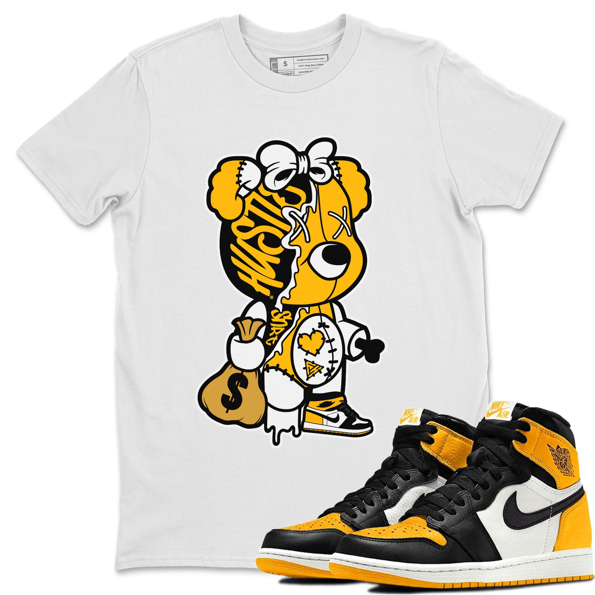 Stitched Hustle Bear Unisex Adult Tops - Air Jordan 1 Yellow Toe - SNRT Sneaker T-shirts