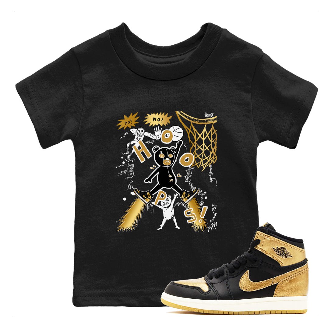 1s Black Metallic Gold shirts to match jordans Stop The Bear sneaker match tees Jordan 1 High OG Black and Gold SNRT Sneaker Release Tees Youth Baby Black 1 crew neck shirts