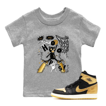 1s Black Metallic Gold shirts to match jordans Stop The Bear sneaker match tees Jordan 1 High OG Black and Gold SNRT Sneaker Release Tees Youth Baby Heather Grey 1 crew neck shirts