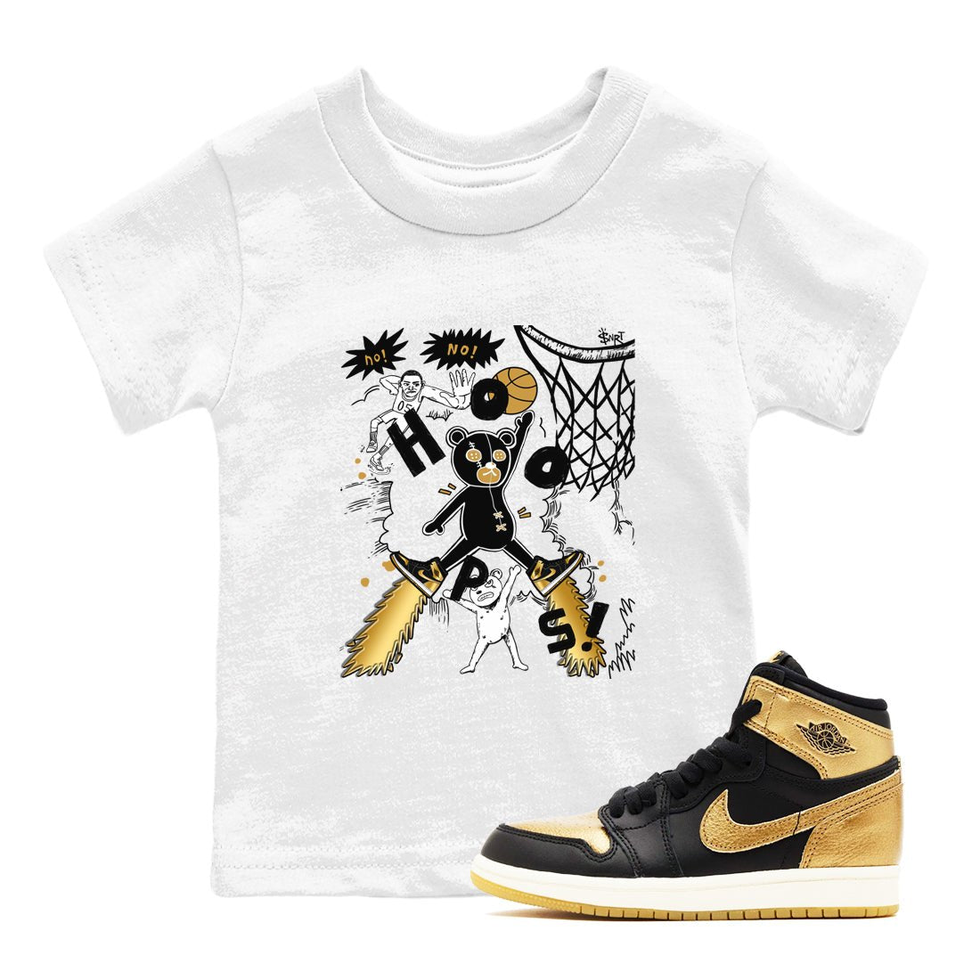 1s Black Metallic Gold shirts to match jordans Stop The Bear sneaker match tees Jordan 1 High OG Black and Gold SNRT Sneaker Release Tees Youth Baby White 1 crew neck shirts
