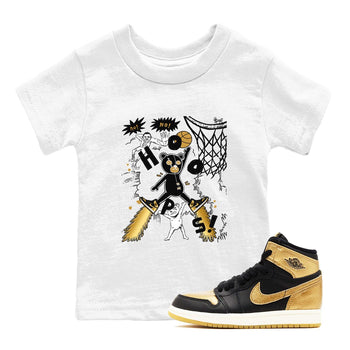 1s Black Metallic Gold shirts to match jordans Stop The Bear sneaker match tees Jordan 1 High OG Black and Gold SNRT Sneaker Release Tees Youth Baby White 1 crew neck shirts