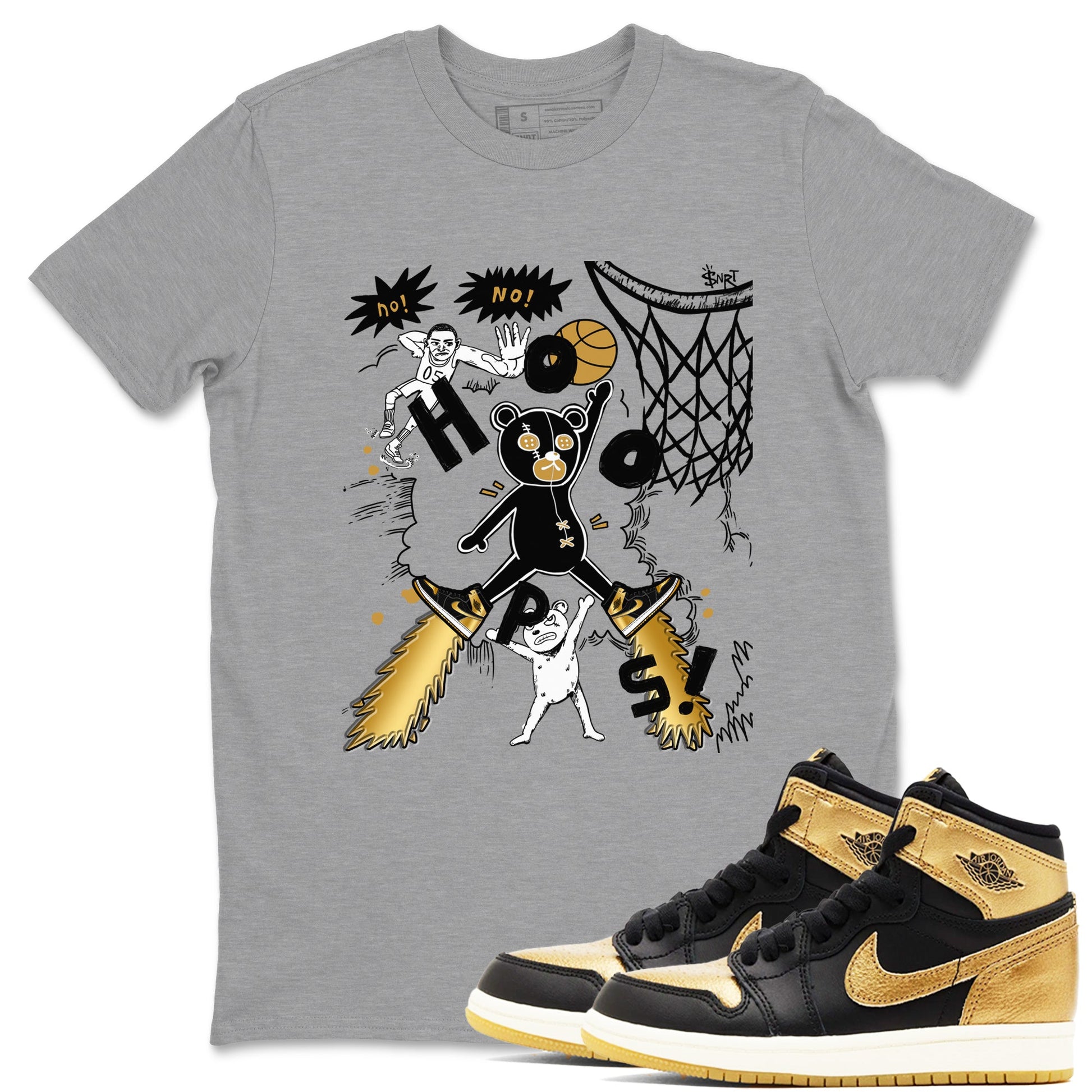1s Black Metallic Gold shirts to match jordans Stop The Bear sneaker match tees Jordan 1 High OG Black and Gold SNRT Sneaker Release Tees unisex cotton Heather Grey 1 crew neck shirts
