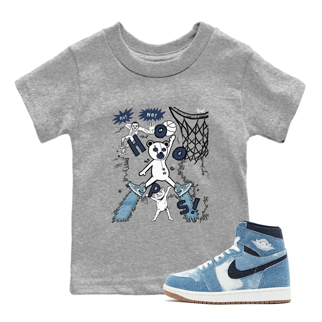 1s Denim shirts to match jordans Stop The Bear sneaker match tees Air Jordan 1 Denim SNRT Sneaker Tees streetwear brand Baby and Youth Heather Grey 1 cotton tee