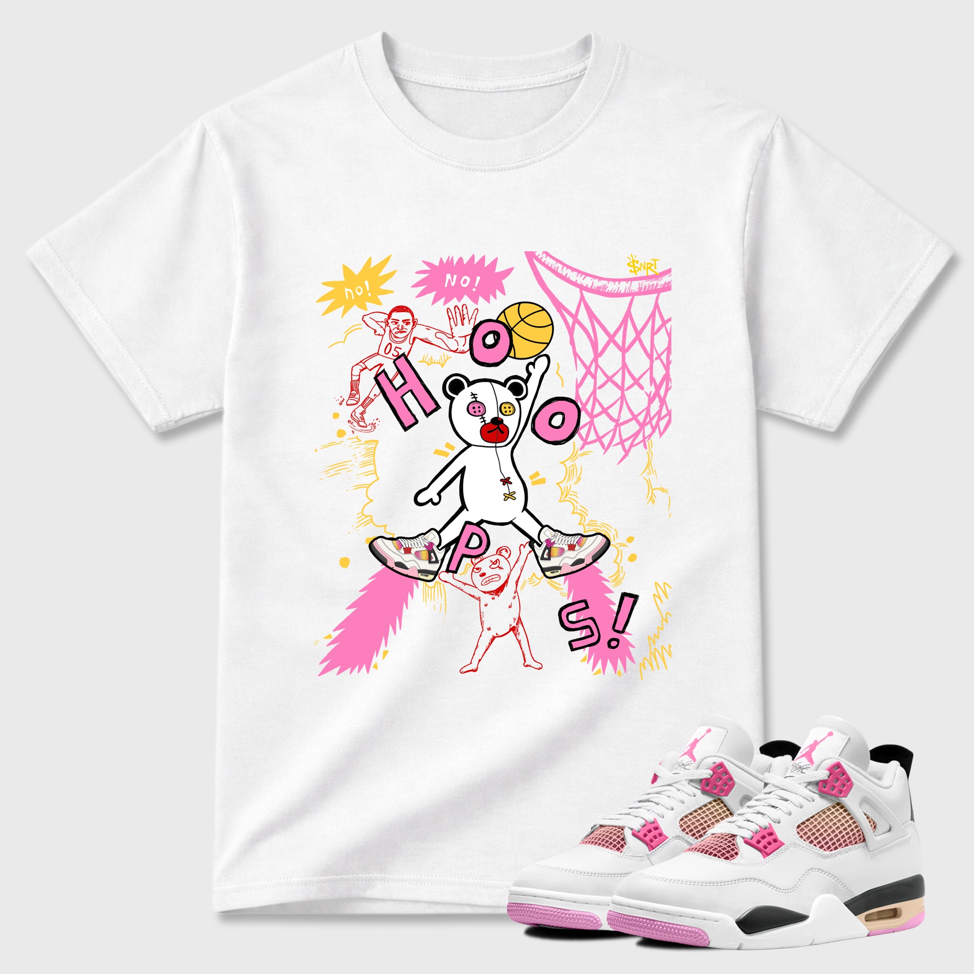 Stop The Bear Graphic T-Shirt featuring original streetwear artwork designed to match the Air Jordan 4 Comic. White 1 Graphic T-Shirt.