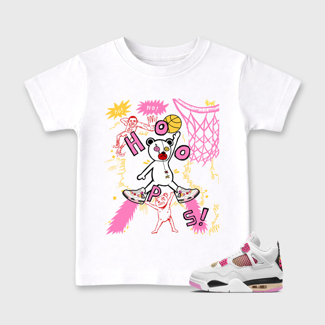 Stop The Bear Baby & Kids Graphic T-Shirt featuring original artwork designed to match the Air Jordan 4 Comic. White 1 Kids Graphic Tee.