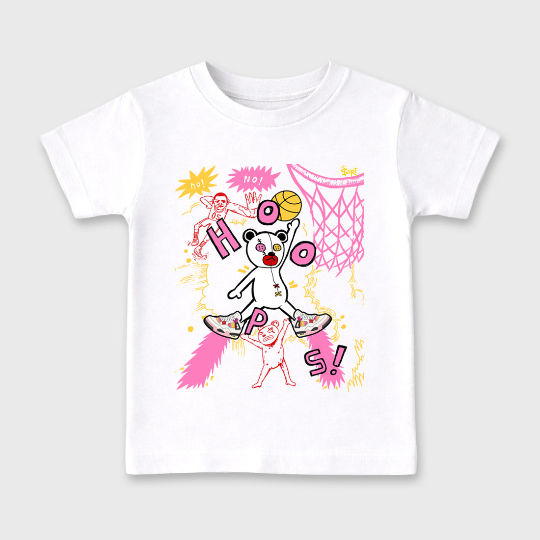 Stop The Bear Baby & Kids Graphic T-Shirt featuring original artwork designed to match the Air Jordan 4 Comic. White 2 Kids Graphic Tee.
