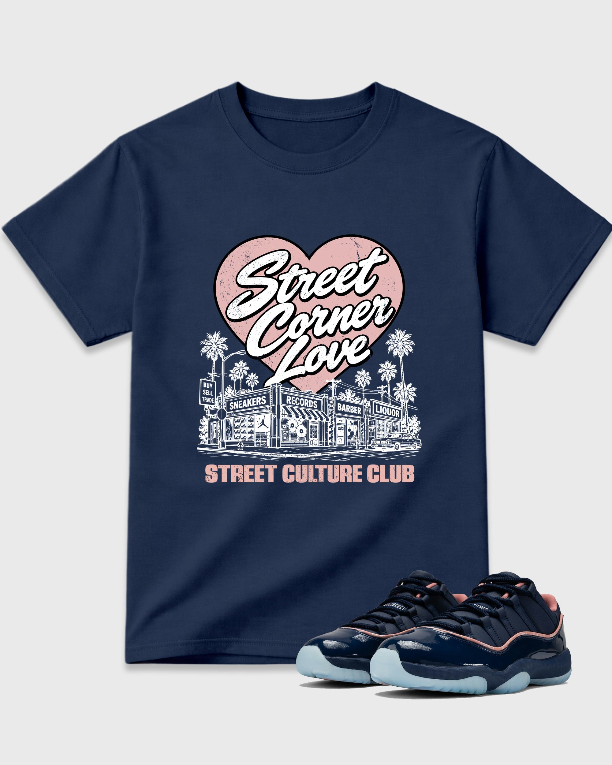 Street Corner Love Graphic T-Shirt featuring original streetwear artwork designed to match the Air Jordan 11 Made For Locals. Navy 1 Graphic T-Shirt.