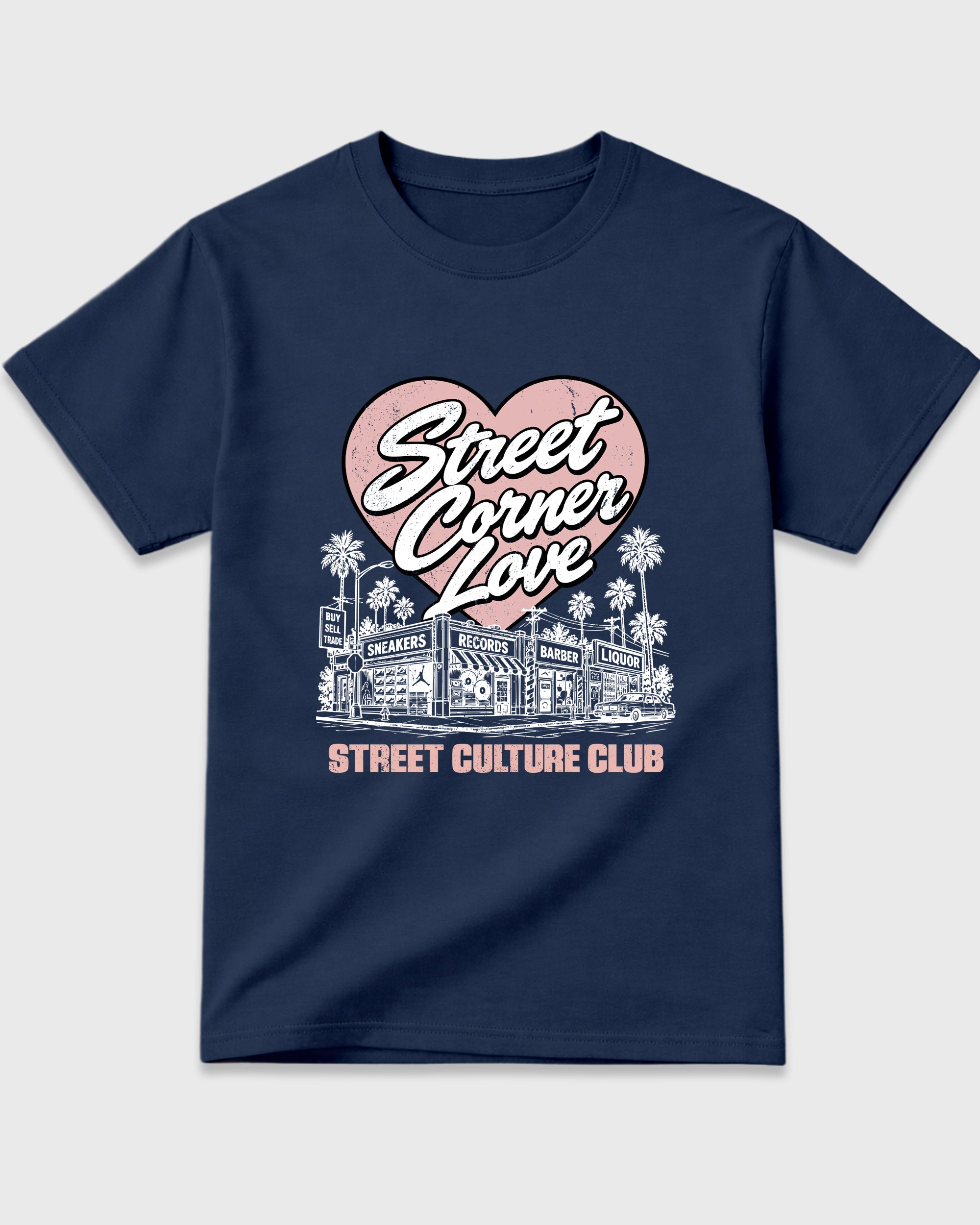 Street Corner Love Graphic T-Shirt featuring original streetwear artwork designed to match the Air Jordan 11 Made For Locals. Navy 2 Graphic T-Shirt.