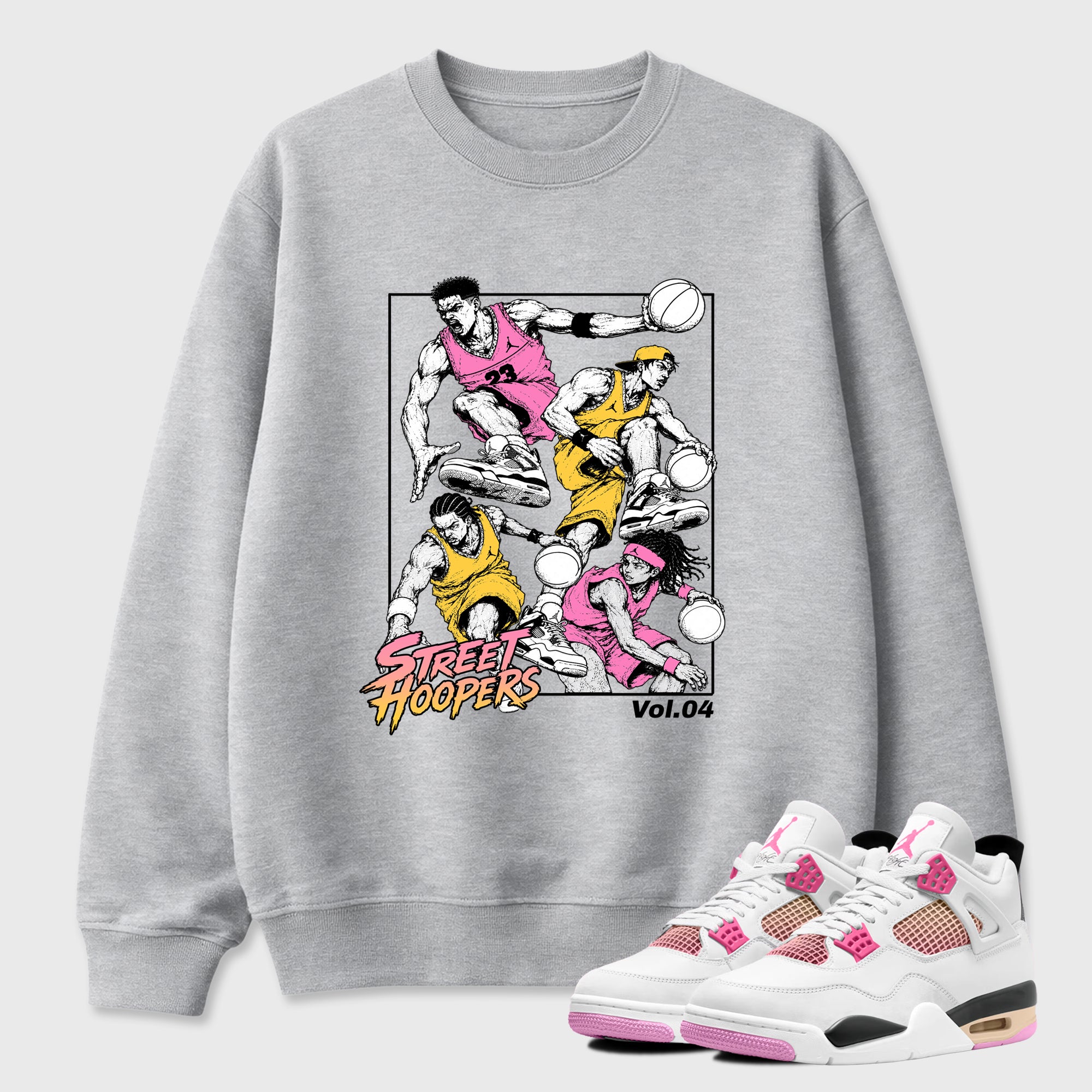 Street Hoopers Graphic T-Shirt featuring original streetwear artwork designed to match the Air Jordan 4 Comic. Heather Grey 1 Graphic Tee.