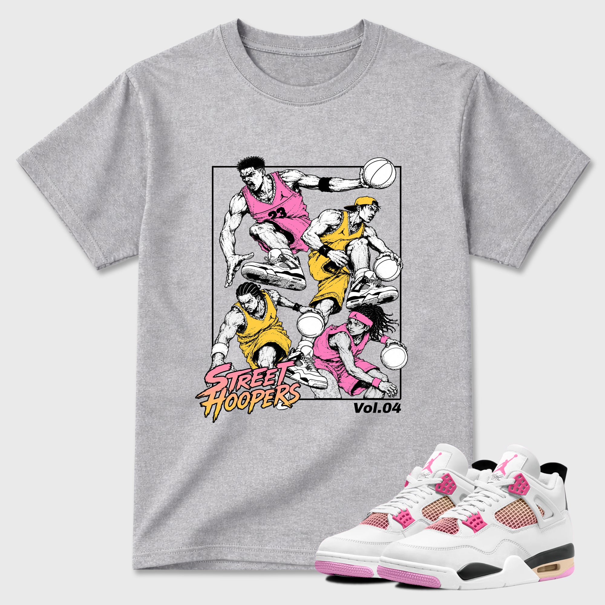 Street Hoopers Graphic T-Shirt featuring original streetwear artwork designed to match the Air Jordan 4 Comic. Heather Grey 1 Graphic T-Shirt.