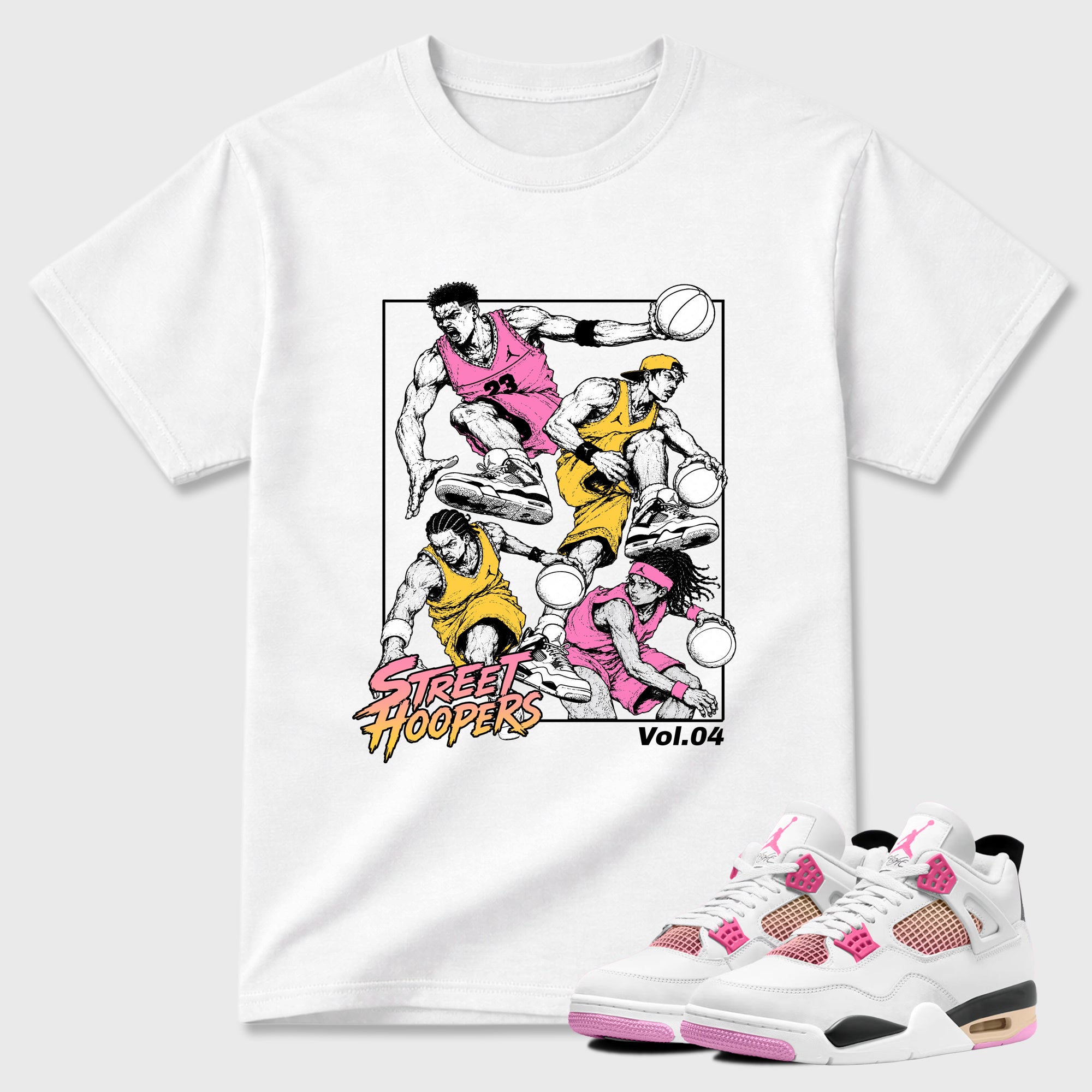 Street Hoopers Graphic T-Shirt featuring original streetwear artwork designed to match the Air Jordan 4 Comic. White 1 Graphic T-Shirt.