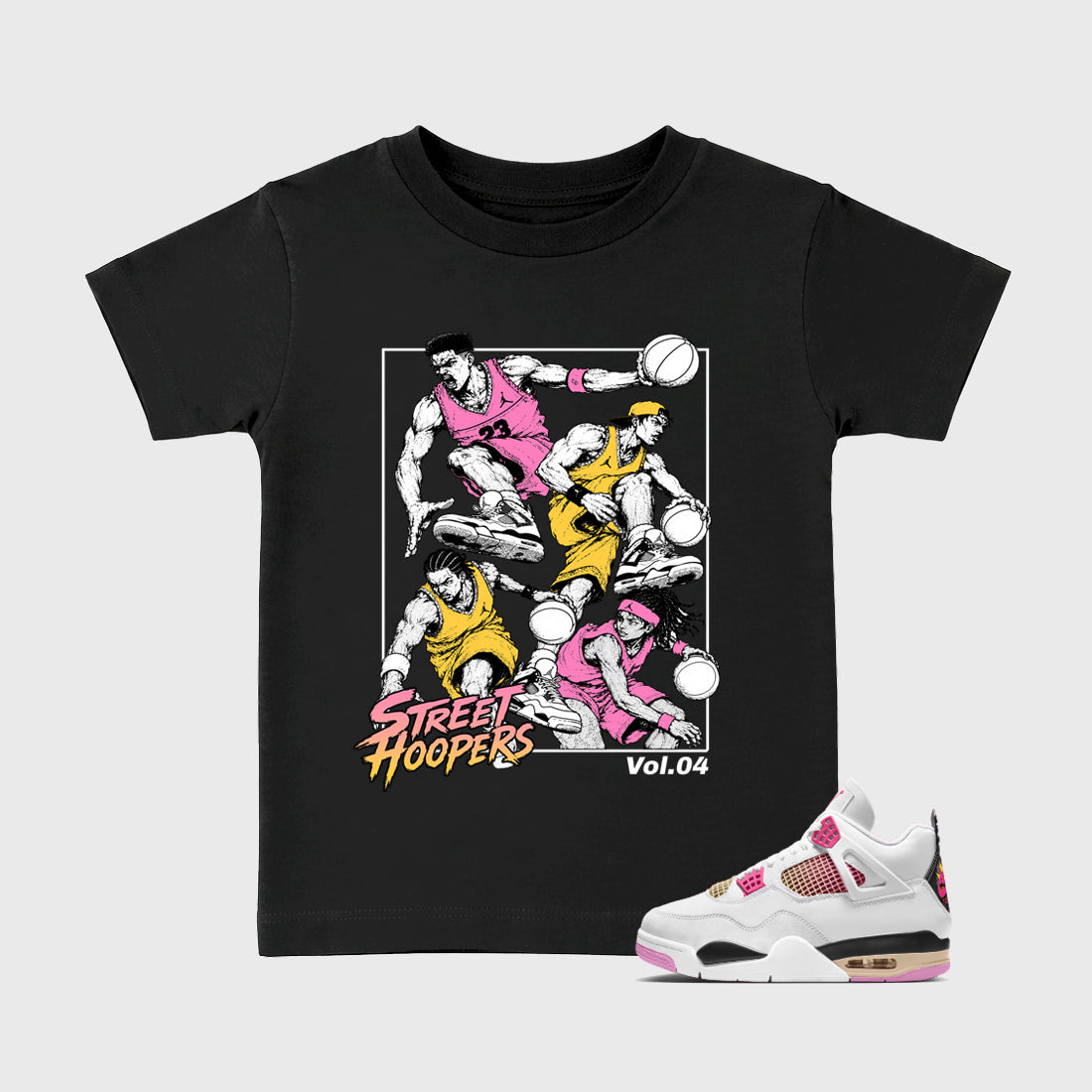 Street Hoopers Baby & Kids Graphic T-Shirt featuring original artwork designed to match the Air Jordan 4 Comic. Black 1 Kids Graphic Tee.