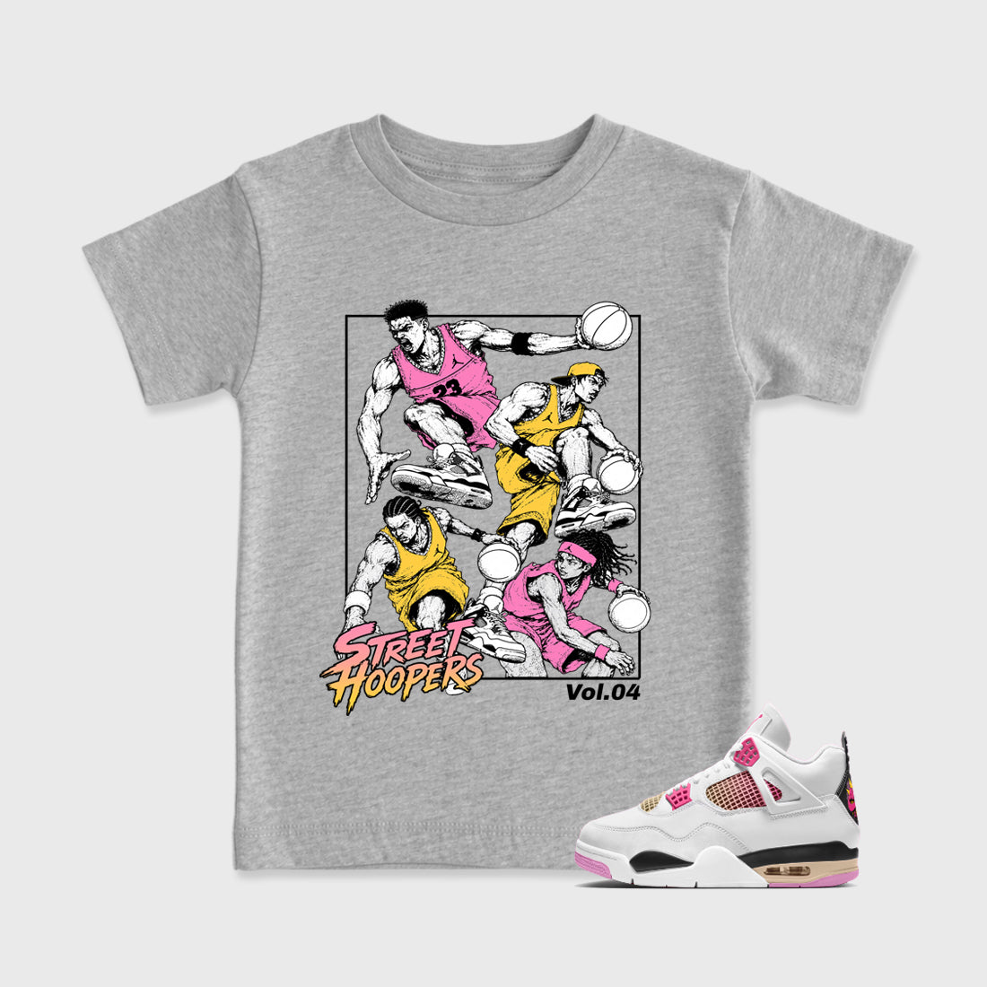 Street Hoopers Baby & Kids Graphic T-Shirt featuring original artwork designed to match the Air Jordan 4 Comic. Heather Grey 1 Kids Graphic Tee.