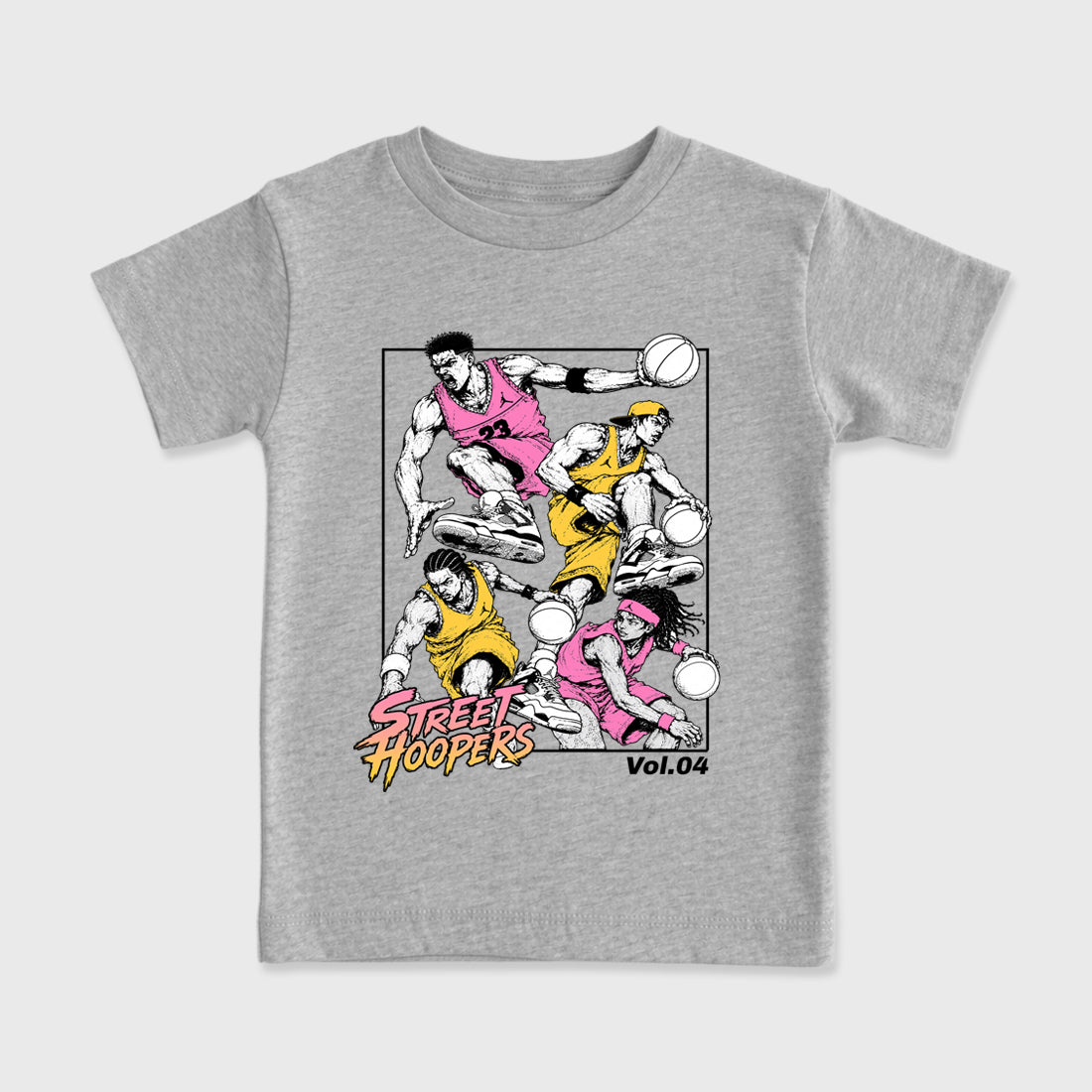 Street Hoopers Baby & Kids Graphic T-Shirt featuring original artwork designed to match the Air Jordan 4 Comic. Heather Grey 2 Kids Graphic Tee.