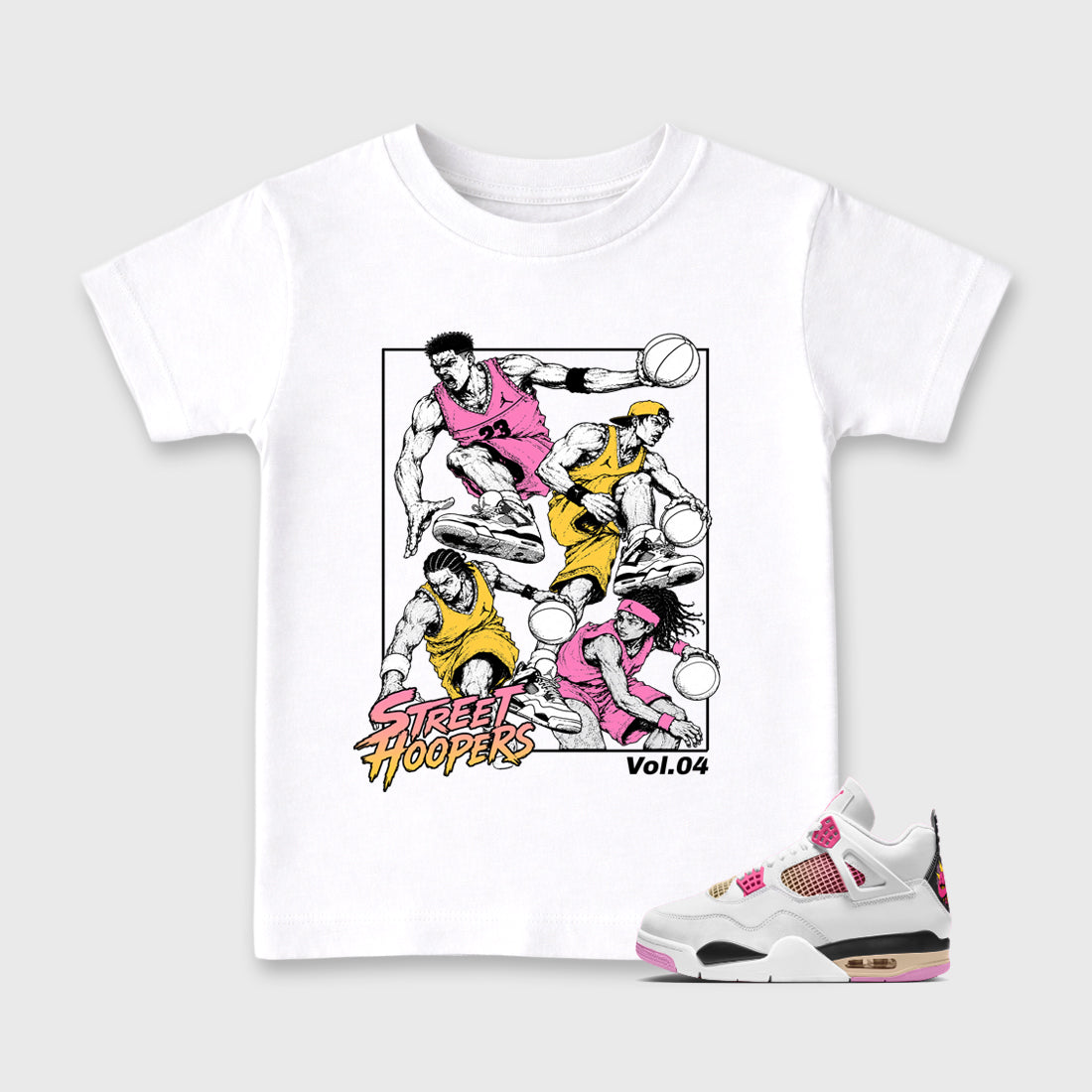 Street Hoopers Baby & Kids Graphic T-Shirt featuring original artwork designed to match the Air Jordan 4 Comic. White 1 Kids Graphic Tee.