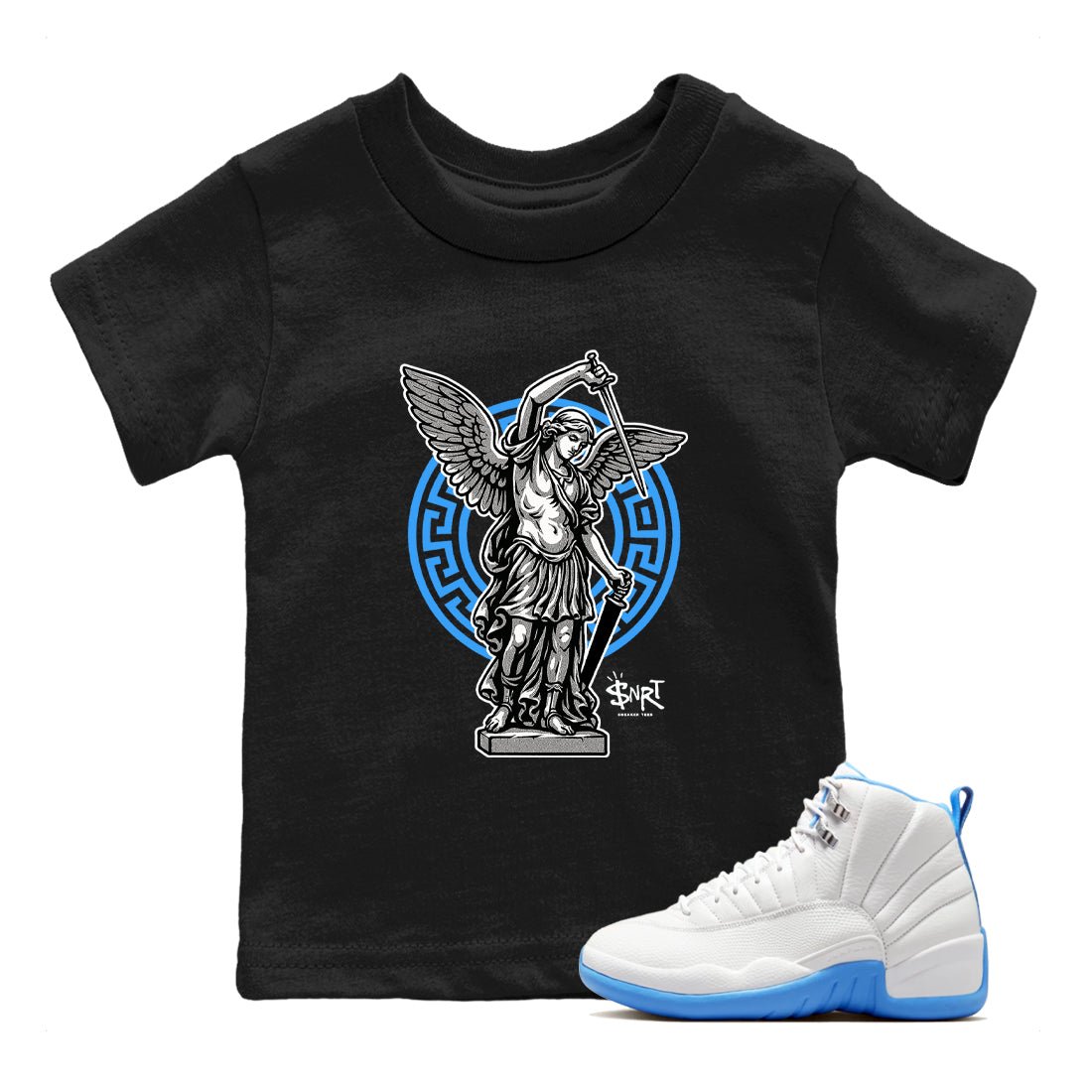 Street Saint baby and kids t-shirt crafted for little sneakerheads to shine with the Air Jordan 12 White and University Blue sneakers, displayed in Black 1.